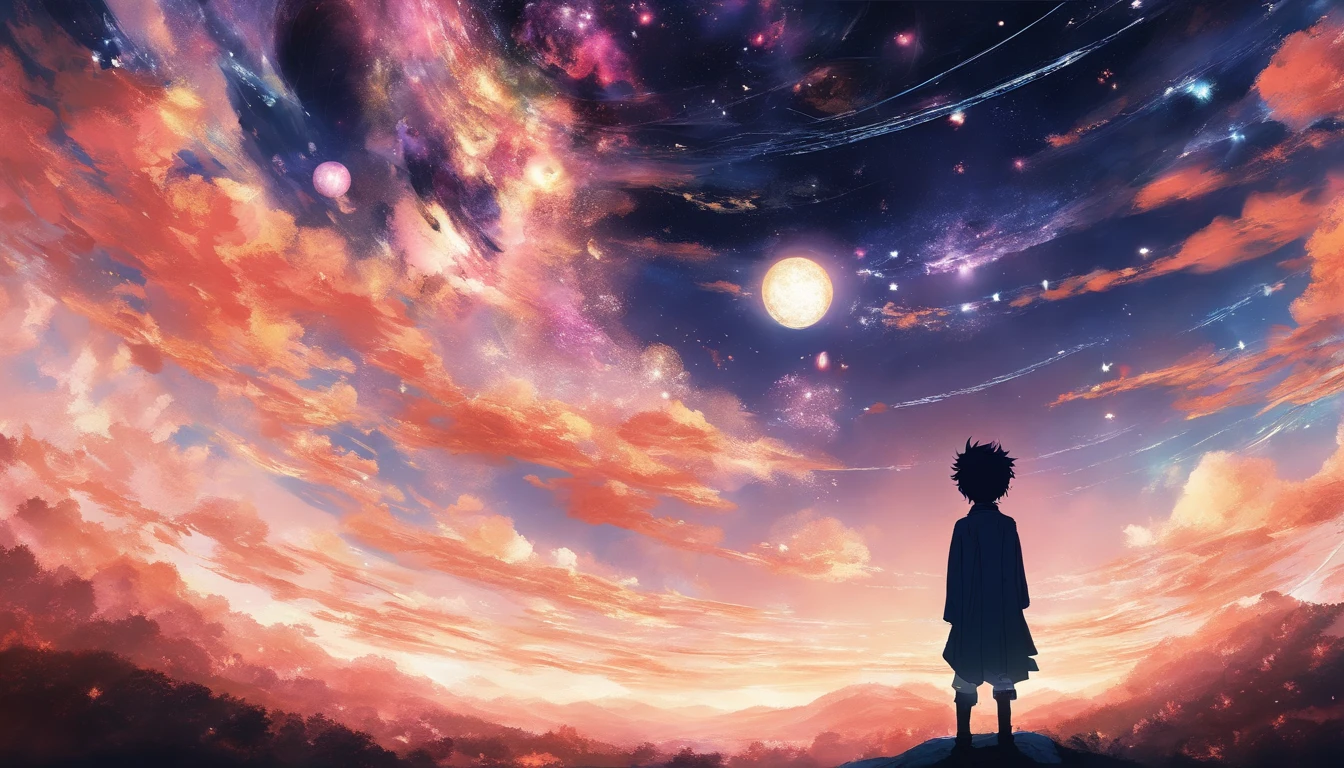 anime young boy standing in front of a Universe, inspired by Yamagata Hiro, inspired by Munakata Shikō, inspired by Okumura Masanobu, rin, inspired by Okumura Togyu, anime style”, shigenori soejima illustration,