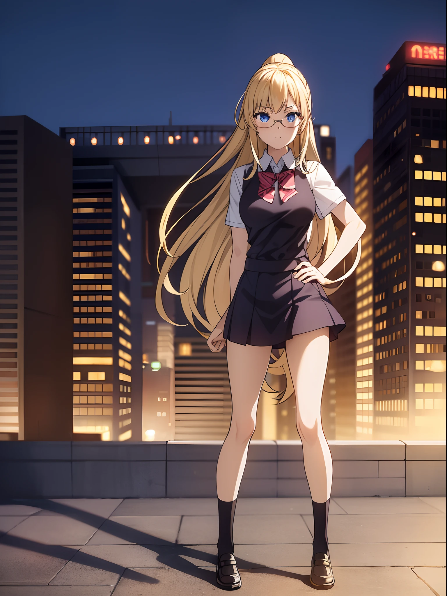 masterpiece, best quality, highres, 1girl, solo, high school uniform, bare legs, looking at viewer, light particles, city backdrop, perfect hands, perfect eyes, perfect legs, perfect arms, perfect fingers, blonde hair, blue eyes, medium breasts, long hair, standing, hands on hip, closed fists, hair down, glasses, ponytail, matching socks, full body,