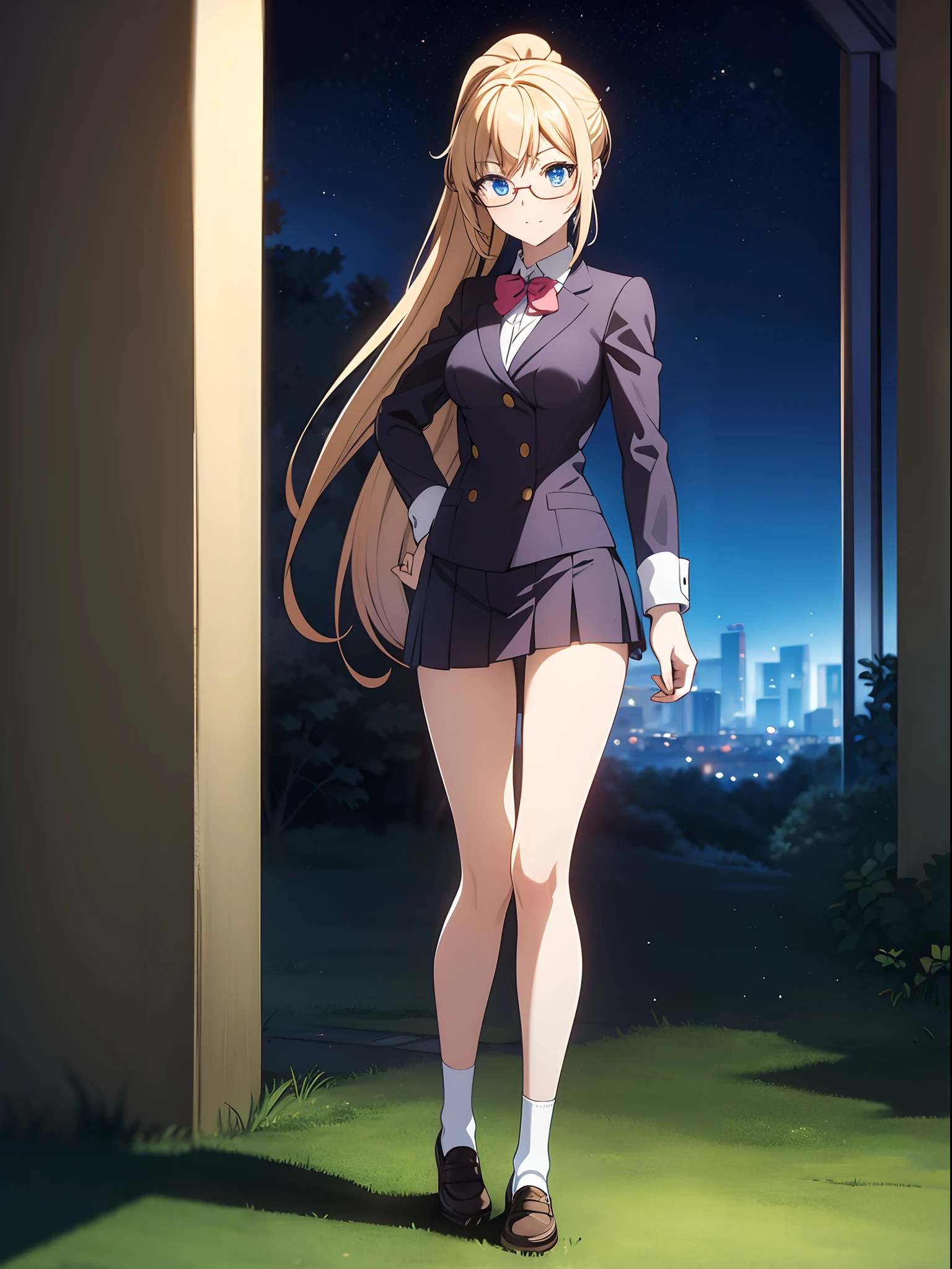 masterpiece, best quality, highres, 1girl, solo, high school uniform, bare legs, looking at viewer, light particles, city backdrop, perfect hands, perfect eyes, perfect legs, perfect arms, perfect fingers, blonde hair, blue eyes, medium breasts, long hair, standing, hands on hip, closed fists, hair down, glasses, ponytail, matching socks, full body,