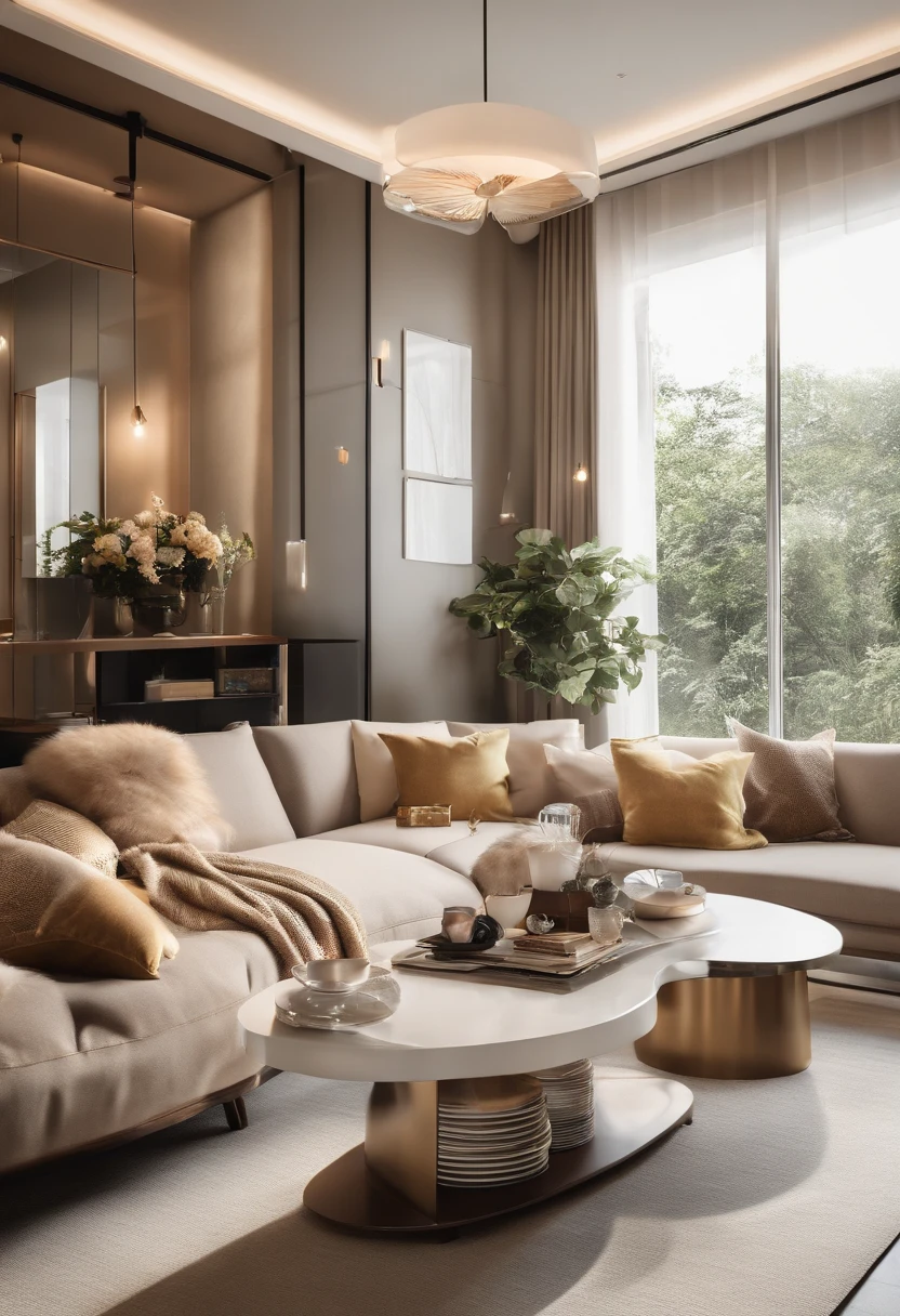 Picture a stylish 1LDK room that exudes modern elegance. The living space is bright and airy, with contemporary furniture and decor. On a sleek coffee table, there's a stack of currency notes symbolizing wealth, next to a modern telephone. The lighting is soft and natural, casting a warm glow throughout the room.