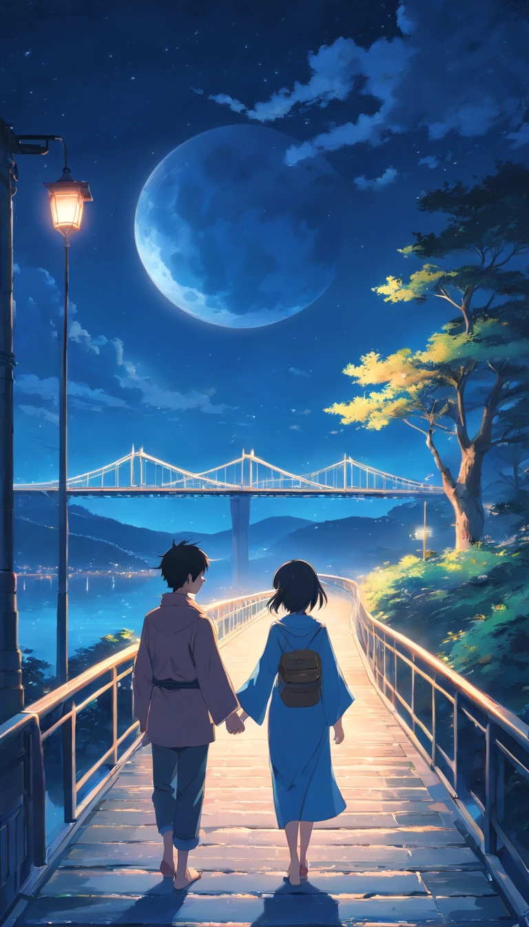 Moonlit Alafis with a bridge and a couple, a picture inspired by Zhu Derun, trending on pixabay, romanticism lain, holding hands in the moonlight, moonlight snowing, illustration!, Moonlight snow, boy girl traditional romance, xianxia fantasy, Chinese fantasy, beautiful moonlight night, background-image, Chinese style, moonlit night dreamy atmosphere