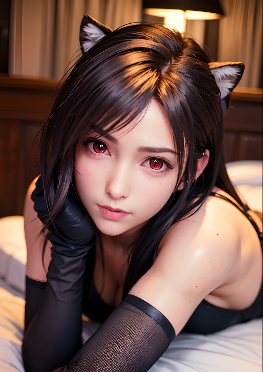 (,Be red in the face,20yr old,Long narrow eyes)(realisticlying: 1.4), 独奏, top-quality, Very fine and beautiful, k hd, 1girll, ff Tifa_lockhart, ssmile, cowboy lens, Harnes, Low Waist, (the maid outfit,Long black stockings), brunette color hair, Be red in the face,perspire,long whitr hair, gloves on the elbow, Beautiful detailed red eyes, Face light, cinmatic lighting, nabel, (: 1.0), Old bar, The background is blurred out, Fluttering hair, Adult beauty,Lie down in bed,Eat fingers,In the hotel