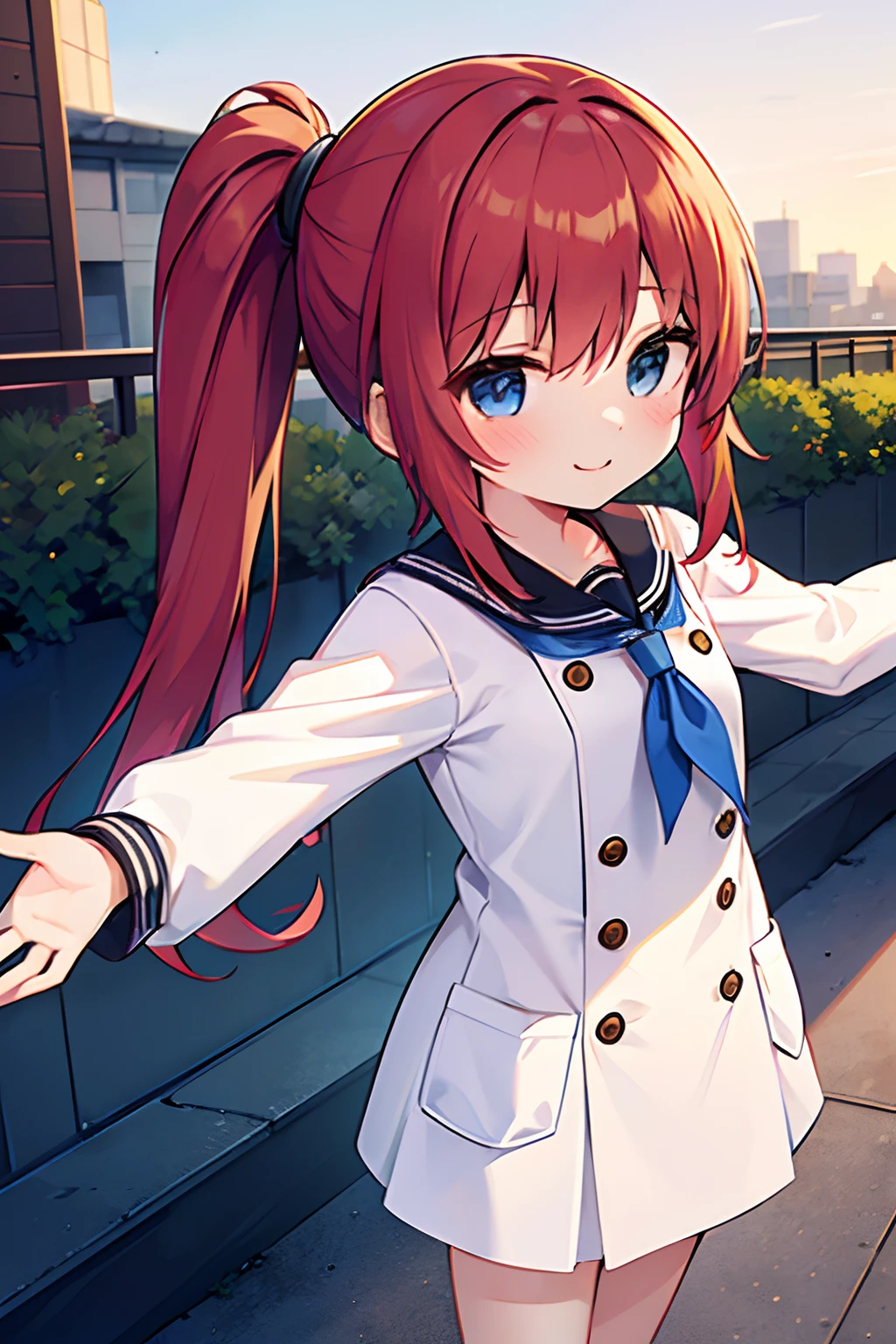 masterpiece, best quality, 1girl, elementary school student, long hair, ((red hair)), long hair, ponytail, blue eyes, on the the roof of a hospital, ((fence)), ((high railing)), (wearing a surgery clothes), ((detail face)), ((expressionless)), in the hospital roof, in the roof, ((with open arms)), (smiling), (standing on the high railing), clear sky