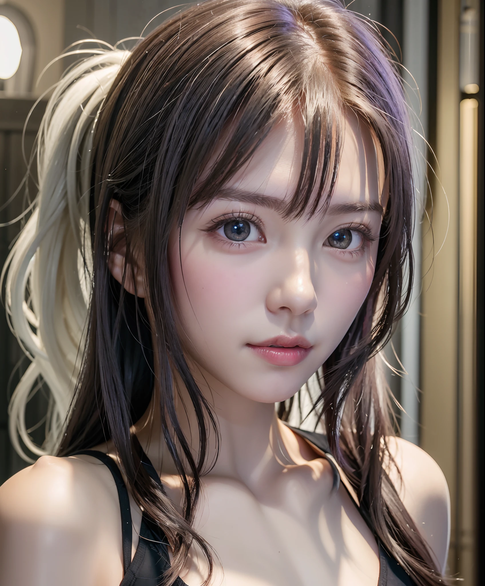 top-quality、8K Masterpiece、超A high resolution、(Photorealsitic:1.3)、Raw photo、女の子1人、silver white hair、poneyTail、glowy skin、1 super beautiful college girl、((super realistic details))、portlate、globalillumination、Shadow、octan render、8K、ultrasharp、highly intricate detail、Realistic light、CGSoation Trends、Beautiful eyes、radiant eyes、Facing the camera、