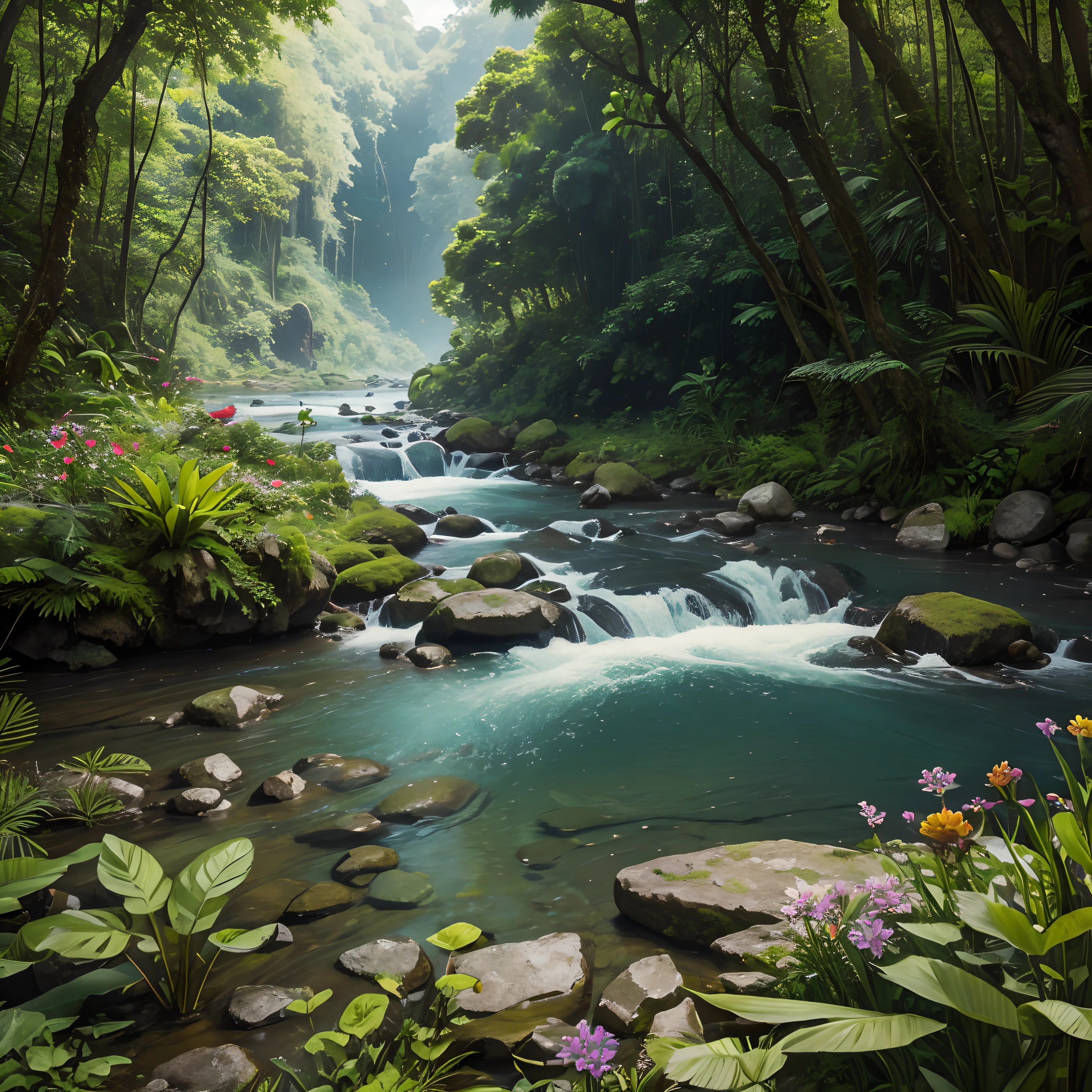 A beautiful jungle with river, relective, rocks, plants, wild flowers, wild grass, 8k, printable --auto