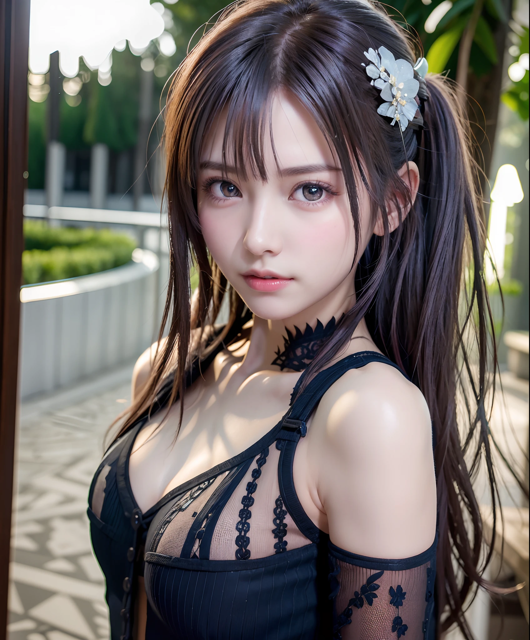 masterpiece, best quality, ultra-detailed, best shadow, beautiful detailed face, beautiful detailed eyes, High contrast,
1girl, ite, (flat chest:1.3), extremely long hair, colourful hair, bangs, hair over one eye, black beautiful dress, bare thighs,
beautiful detailed castle, beautiful nature, kneelimg, hands between legs, from above, cowboy shot, dynamic pose:0.1, dynamic angle,, ((from behind:1.3)), ass,
