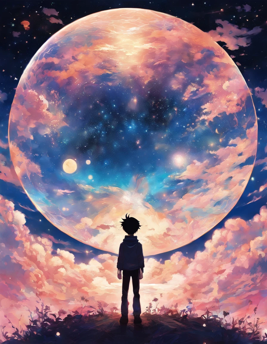 anime a boy standing in front of a Universe, inspired by Yamagata Hiro, inspired by Munakata Shikō, inspired by Okumura Masanobu, rin, inspired by Okumura Togyu, anime style”, shigenori soejima illustration,