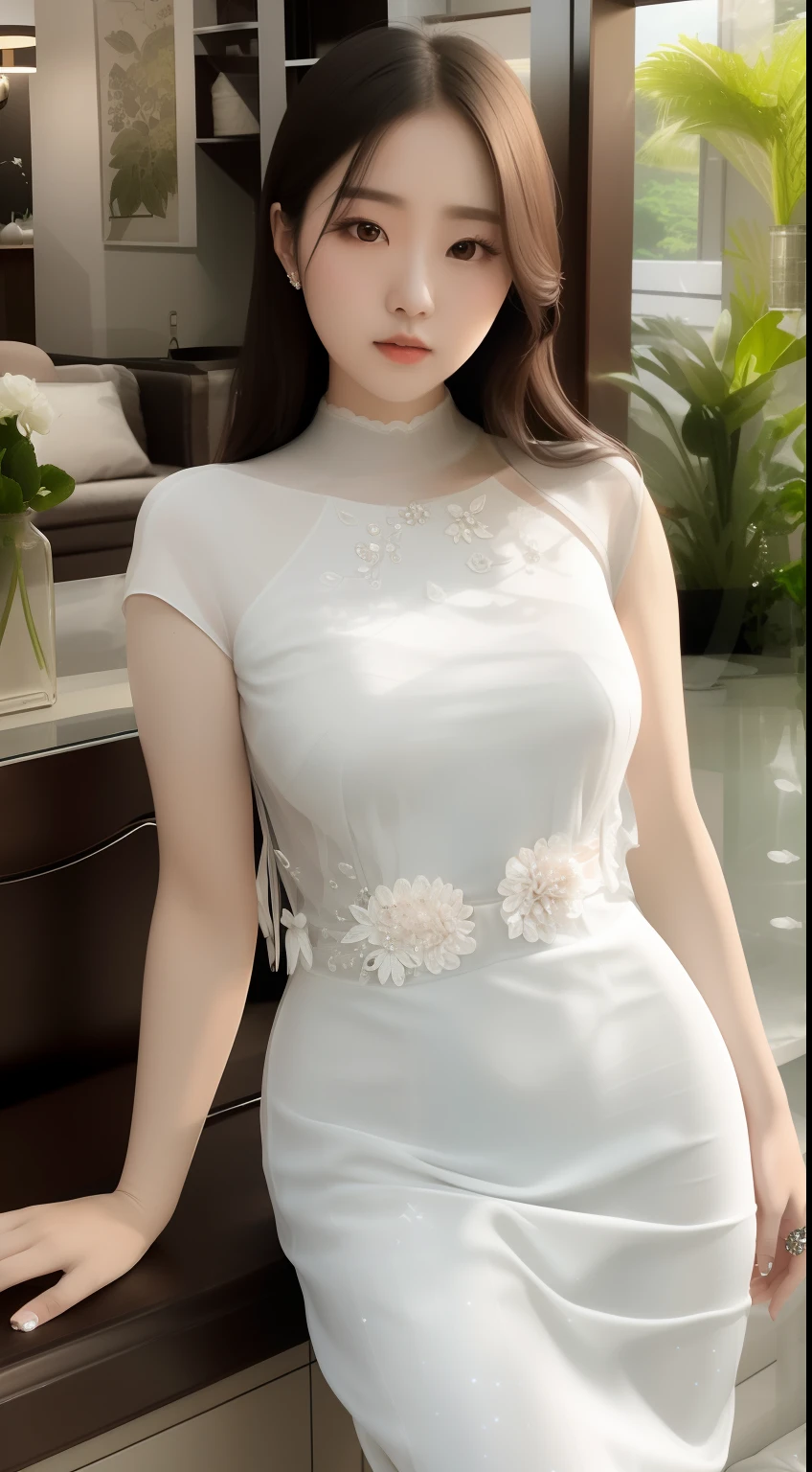 masterpiece、Top image quality:1.2、((beautiful young woman with))、Transparent skin:1.2、{A slight smil}、(kawaii)、Short sleeve knit、luxury hotel、depth of fields