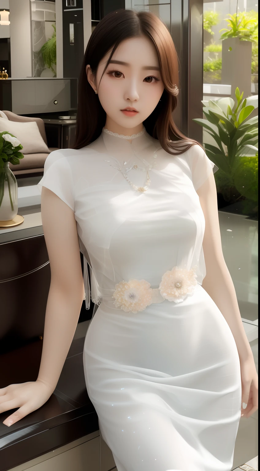 ((Cowboy shot)), ((Shoot from a frontal perspective)), 1 Asian female model, A young girl, (Close up), (Indoors, Standing posture, leaning on a table), pretty pose, striking pose, Detailed scenes, Coiled hair, Hairpins, Beautiful hair accessories, Brownish-yellow hair, light make-up, Blushlush, Gloss on lips, pretty legs, ((White broken cheongsam, high-heels)), ((warm lights, a warm color palette)), (Extremely high color saturation), Detailed details, ultra-detailliert, (tmasterpiece, best qualtiy), (An extremely delicate and beautiful work), Delicate earrings, Delicate necklace, Simple blurred background, Extreme detail description, Ultra-fine painting, Delicate face, slim toned body, Slimming the waist, (ssmile, grin), (anatomy correct)
