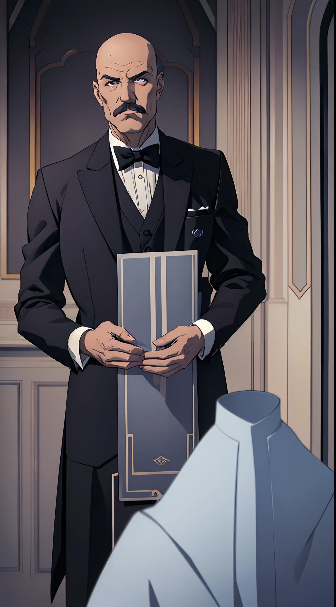 1 man, solo, Alfred Pennyworth, mature male, thin, male focus, elder man, black with grey hair, bald head with hair on the sides, blue eyes, grey moustache, face focus, black butler suit, hands behind the back, elegant, upper body shot, low camera angle, indoors, ((masterpiece)), nightime