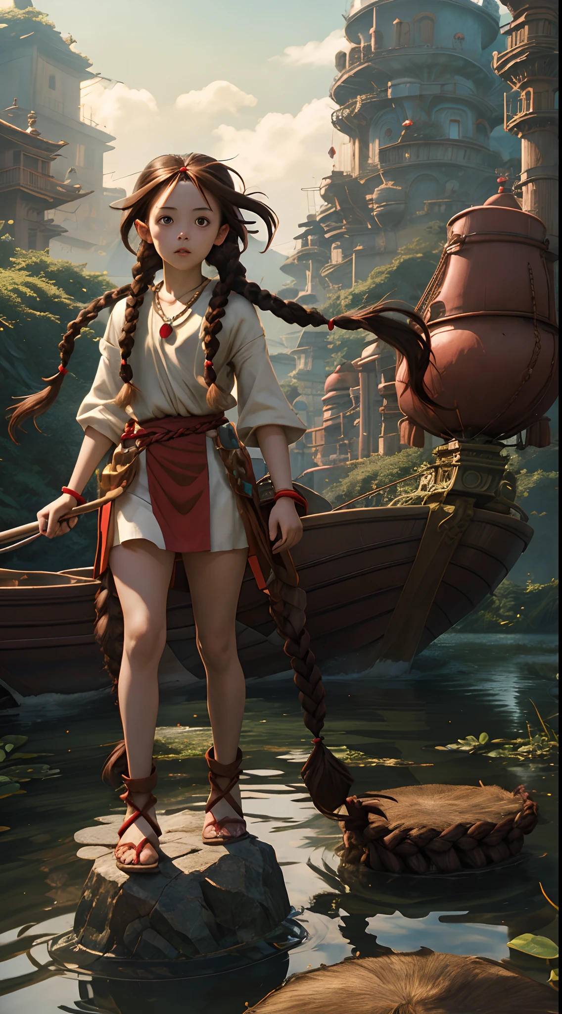 ghibli style, sheeta, 1girl, standing, red hairband, (brown hair:1.3), (twin braids:1.3), necklace, floating island, laputa