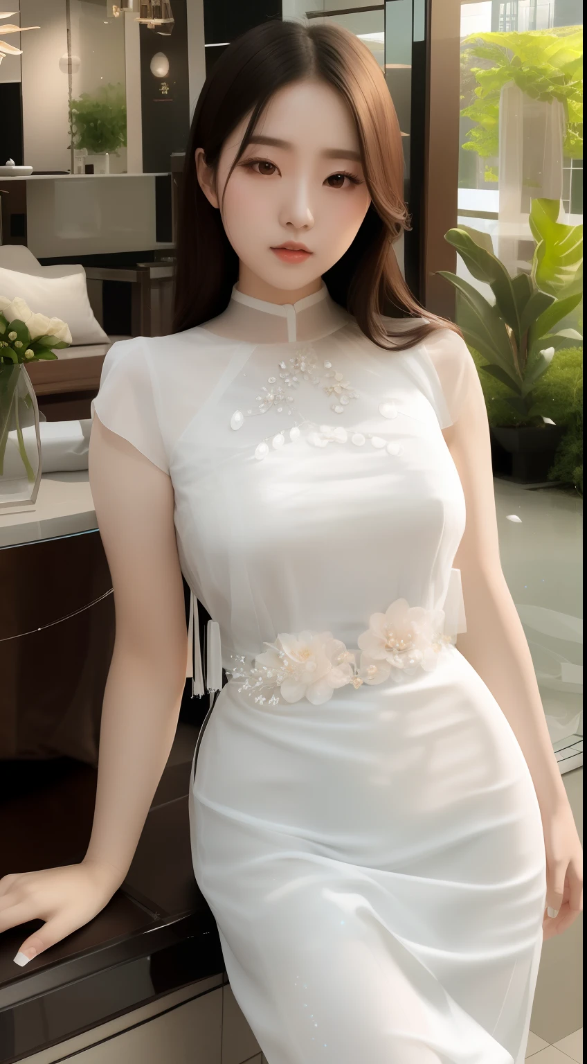 araffe asian woman in white dress posing for a picture, pale milky white porcelain skin, smooth white tight clothes suit, high delicate defined details, spellbinding，spellbinding, digital art of an elegant, Gorgeous young Korean woman, translucent silky dress, inspired by Sim Sa-jeong, Transparent gray dress, white silky outfit, exquisite and smooth details