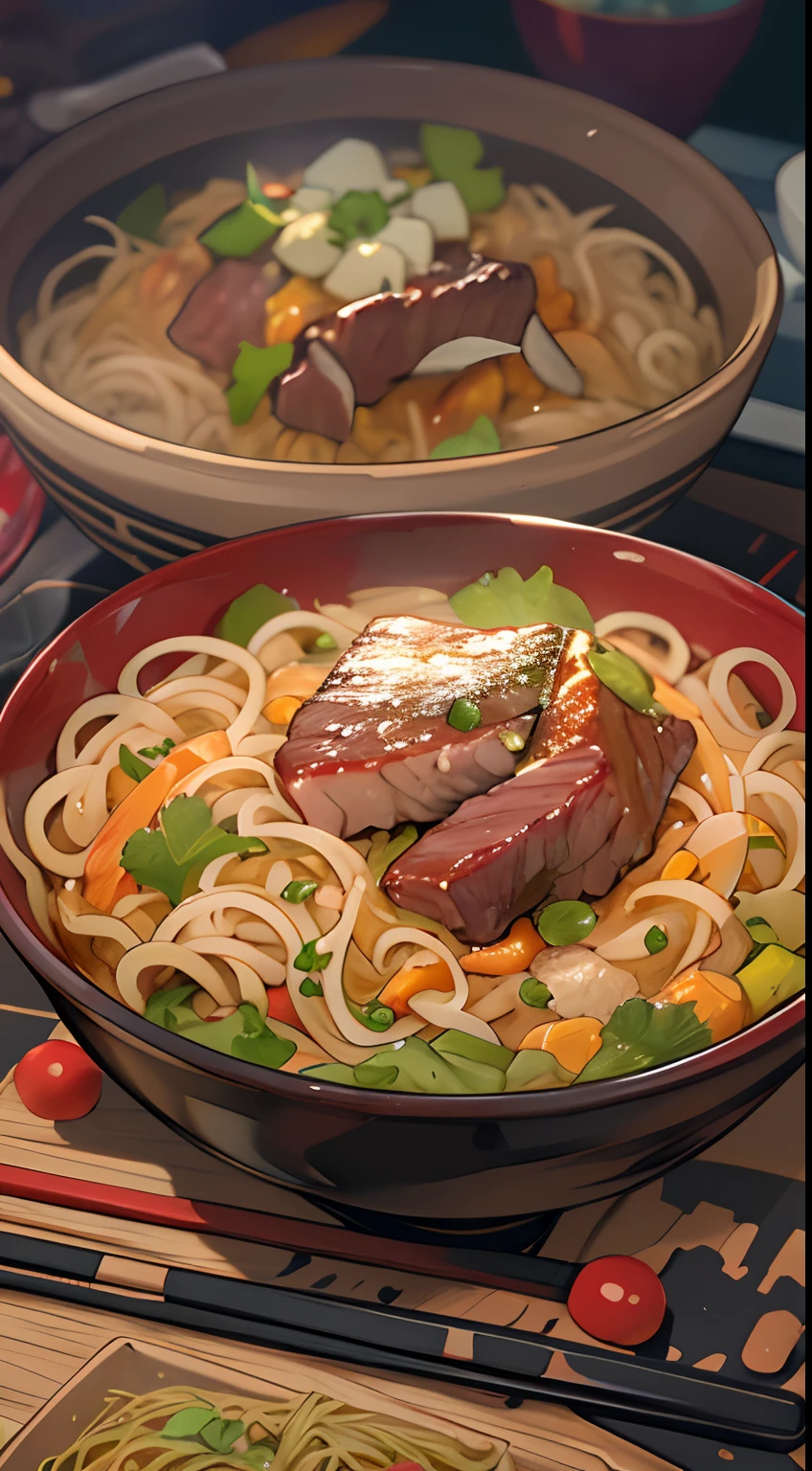 A close-up of a bowl of Chinese noodles with beef in it, in the style of colorful animation stills, sci-fi anime, dark red and dark amber, qian xuan, organic sculpting, accurate and detailed, animecore ,32k uhd, best quality, masterpiece, super detail, high details