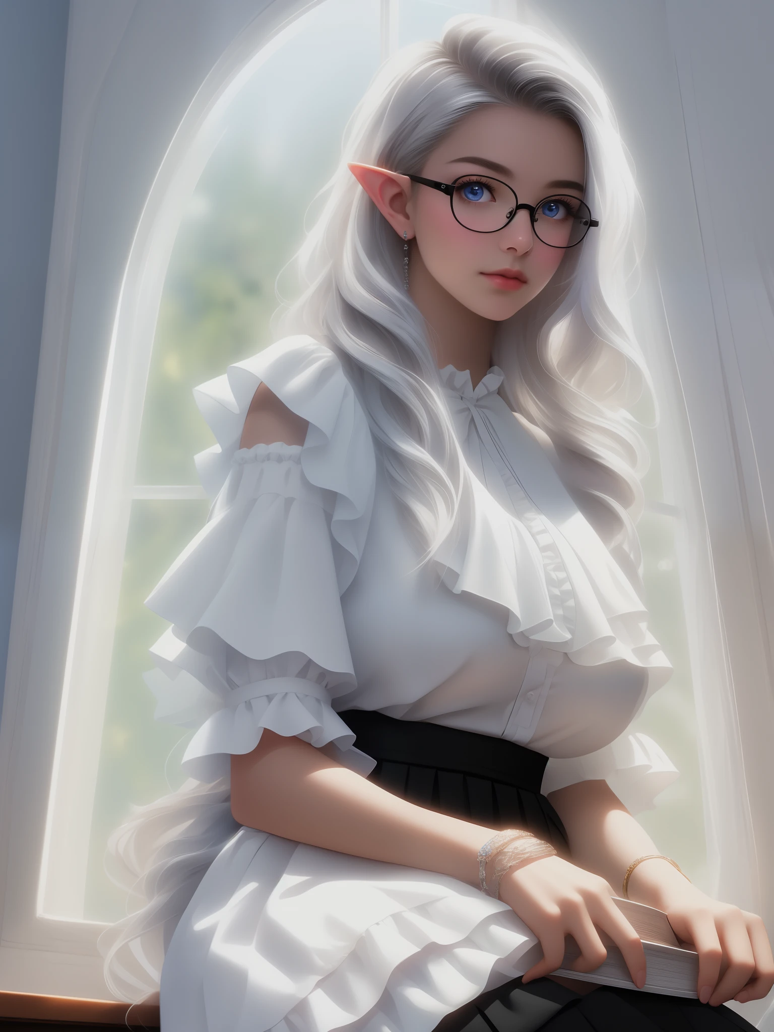 cute angelic face, (()), an elf, reading a book, ((sitting on window)), (shoulder length silver hair), (eyeglasses), wearing ((white ruffle blouse)) and ((black skirt)), (big breast), blue eyes, (backlighting), realistic, masterpiece, highest quality, lens flare, shade, bloom, [[chromatic aberration]], by Jeremy Lipking, by Antonio J. Manzanedo, digital painting,