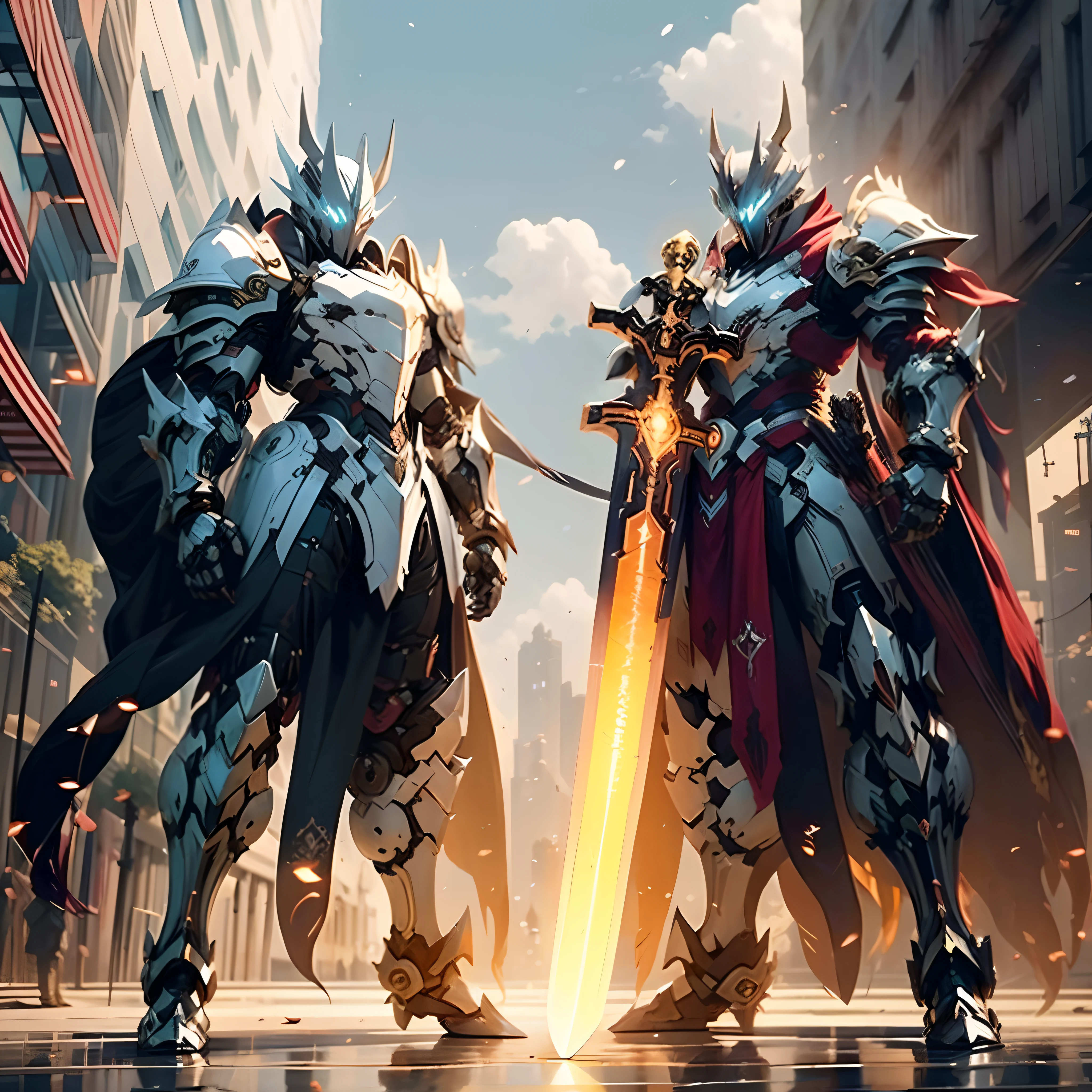 anime character with sword standing in front of a building, fighting with a demon, (((knight is fighting with a demon))) , fallen knight, from arknights, gothic knight, evil knight, the style of wlop, fantasy knight, knight, royal emperor, dark souls knight, off-white plated armor, wearing heavy armor with cape, black heavy armor with gold trim, smooth anime cg art, artorias, glowing sword.
