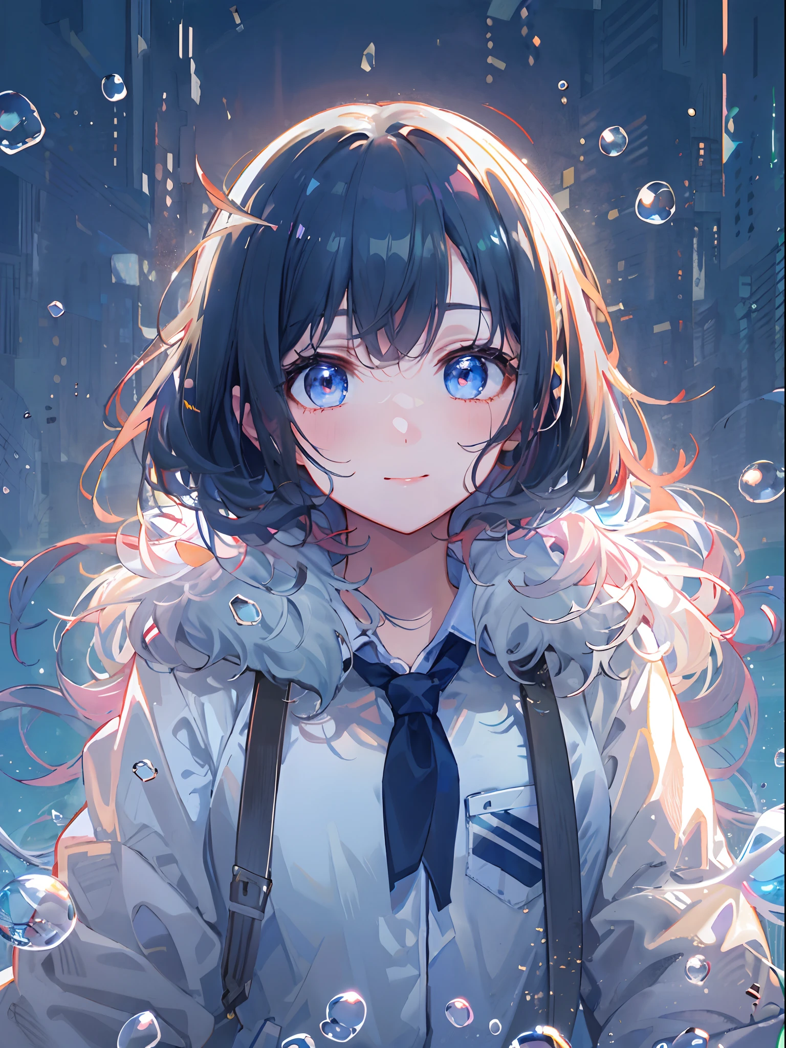 ((top-quality)), ((​masterpiece)), ((ultra-detailliert)), (extremely delicate and beautiful), girl with, 独奏, cold attitude,((Black jacket)),She is very(relax)with  the(Settled down)Looks,A dark-haired, depth of fields,evil smile,Bubble, under the water, Air bubble,bright light blue eyes,Inner color with light blue hair and dark blue tips,Cold background,Bob Hair - Linear Art, shortpants、knee high socks、White uniform like school uniform、Light blue ribbon ties、Clothes are sheer、Hands in pockets