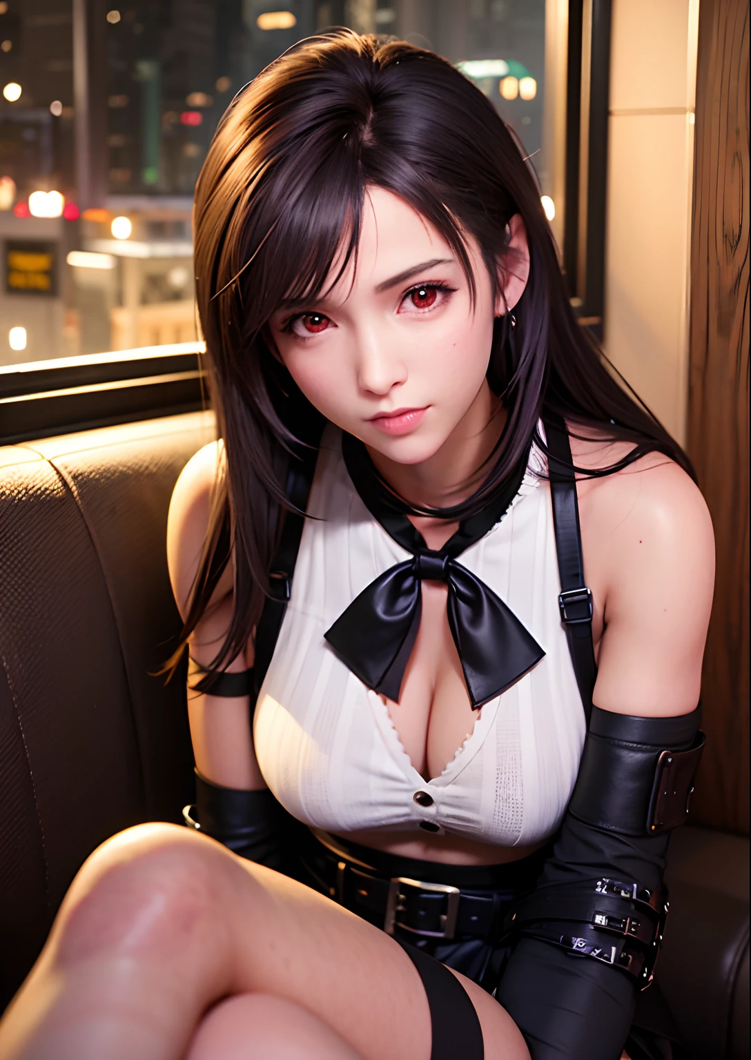 （，Be red in the face，20yr old，Long narrow eyes）（realisticlying： 1.4）， 独奏， top-quality， Very fine and beautiful， k hd， 1girll， ff Tifa_lockhart， ssmile， cowboy lens， Harnes， Low Waist， （White school uniform，Long black stockings），sitting in the couch，Being in a hotel，It was snowing outside the window， brunette color hair， Be red in the face，perspire，long whitr hair， gloves on the elbow， Beautiful detailed red eyes， Face light， cinmatic lighting， nabel， （： 1.0）， Old bar， The background is blurred out， Fluttering hair， Adult beauty，Eat fingers，