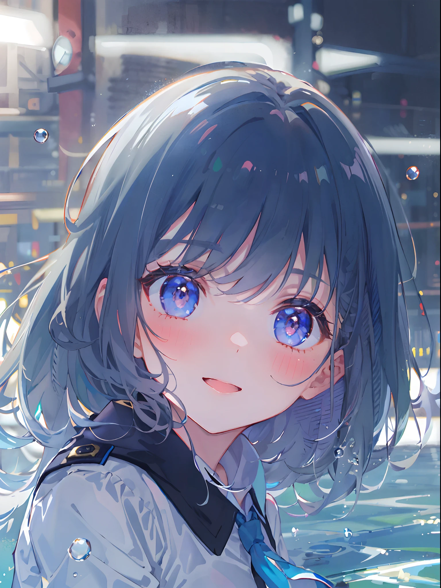 ((top-quality)), ((masterpiece)), ((ultra-detailliert)), (extremely delicate and beautiful), girl with, 独奏, cold attitude,((Black jacket)),She is very(relax)with the(Settled down)Looks,A dark-haired, depth of fields,evil smile,Bubble, under the water, Air bubble,bright light blue eyes,Inner color with light blue hair and dark blue tips,Cold background,Bob Hair - Linear Art, shortpants、knee high socks、White uniform like school uniform、Light blue ribbon ties、Clothes are sheer、Hands in pockets
