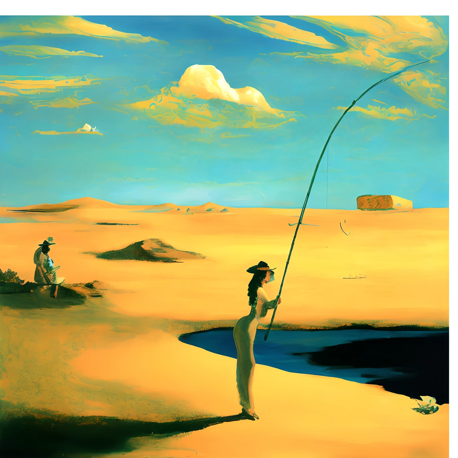 painting of a woman, fishing in the desert with a man, sitting on a rock, in the style of Salvador Dali, Whether, Salvador Dali painting, inspired by Dalí, inspired by Salvador Dalí, Dalí Style, Salvador Dali, Salvador Dalí's style, inspired by Dalí, surrealism, surrealism, canvas, Butter, surrealism painting, inspired by Salvador Dalí, Salvador Dali