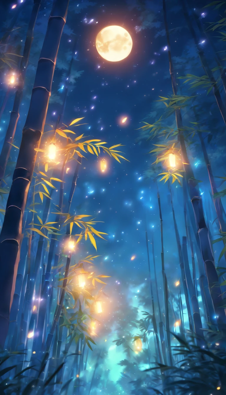 Silent night, Quiet bamboo forest, Bamboo leaves fall in the wind, Full moon in the sky, fireflies flying
