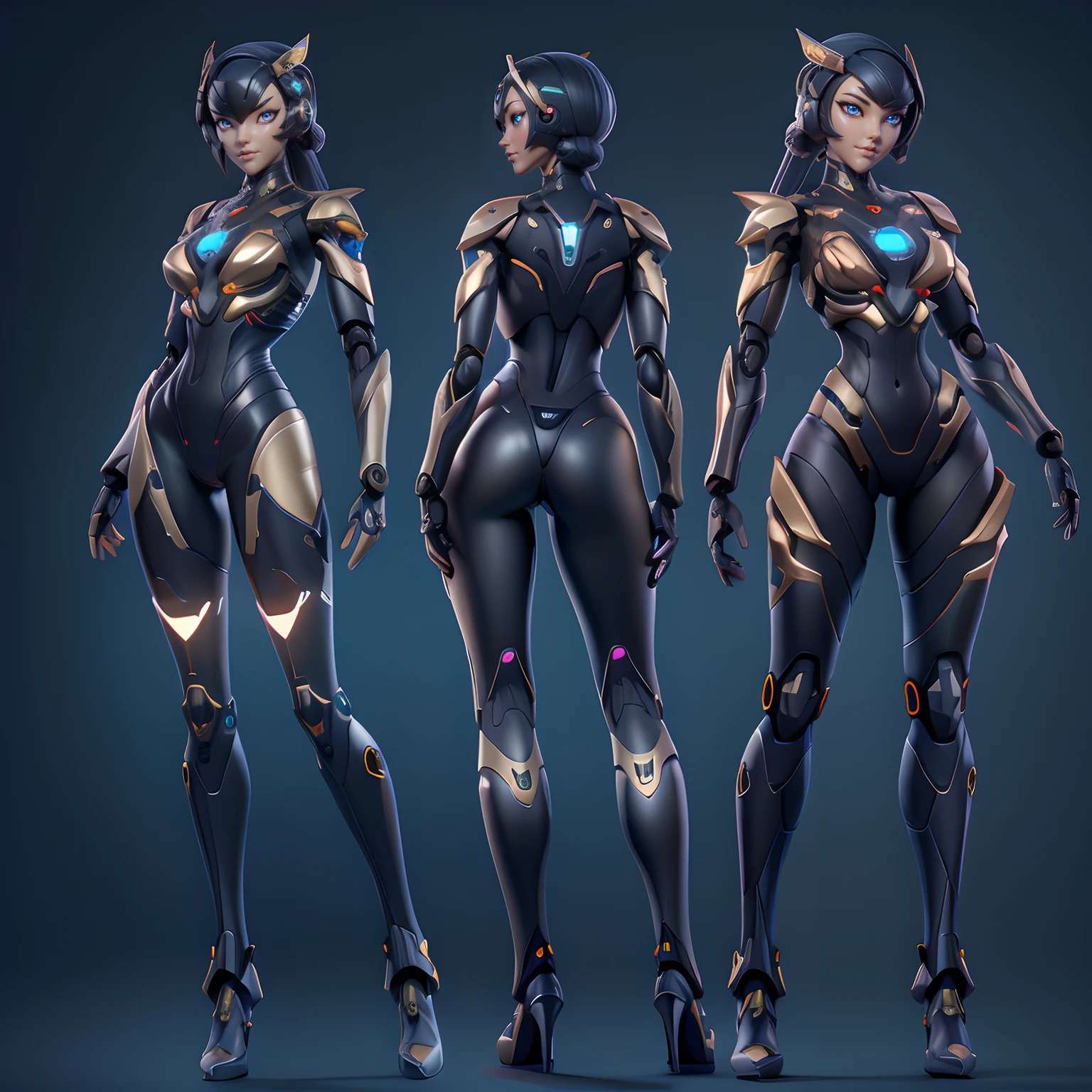 Make elf, biracial, short hair with shaved sides, wearing a cyberpunk space suit, weilding cyberpunk daggers, cgaracter concept design, ((character design sheet, front, back, side view))