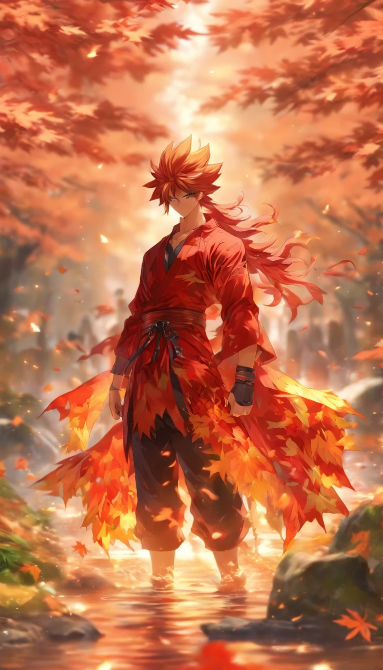 ((Masterpiece, Best quality)), Ultra detailed, offcial art, Unity 8k wallpaper, official outfit, Young handsome man, Solo, Perfect face, Shiny skin, Sparkling pupils, The hair pickaxe is dyed red, Daytime, The background is a fiery red maple forest, maple leaves, Riverside, wood bridges, Aesthetic, (The upper part of the body_Body)