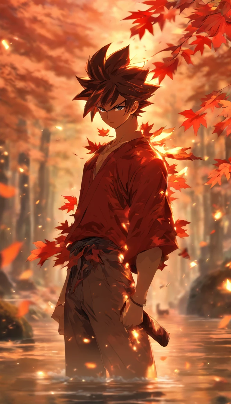 ((Masterpiece, Best quality)), Ultra detailed, offcial art, Unity 8k wallpaper, official outfit, Young handsome man, Solo, Perfect face, Shiny skin, Sparkling pupils, The hair pickaxe is dyed red, Daytime, The background is a fiery red maple forest, maple leaves, Riverside, wood bridges, Aesthetic, (The upper part of the body_Body)