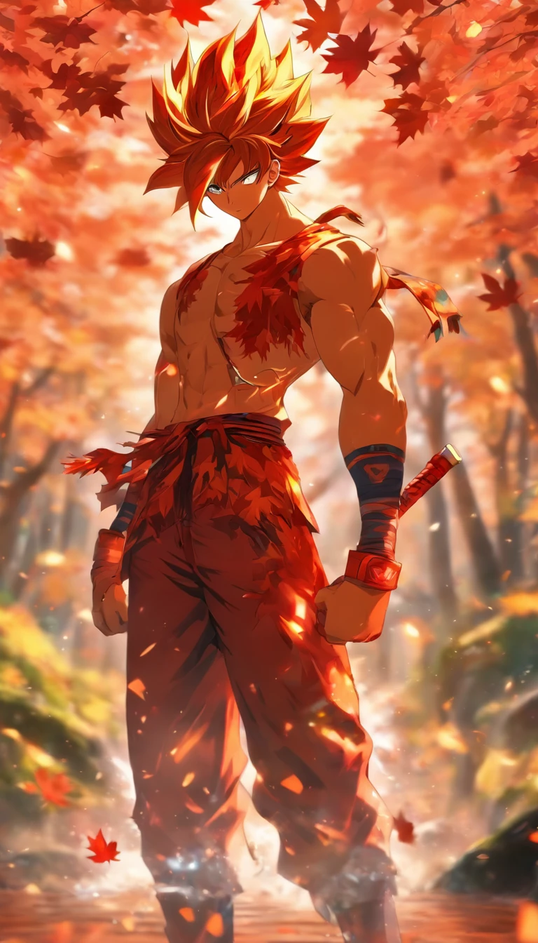 ((Masterpiece, Best quality)), Ultra detailed, offcial art, Unity 8k wallpaper, official outfit, Young handsome man, Solo, Perfect face, Shiny skin, Sparkling pupils, The hair pickaxe is dyed red, Daytime, The background is a fiery red maple forest, maple leaves, Riverside, wood bridges, Aesthetic, (The upper part of the body_Body)