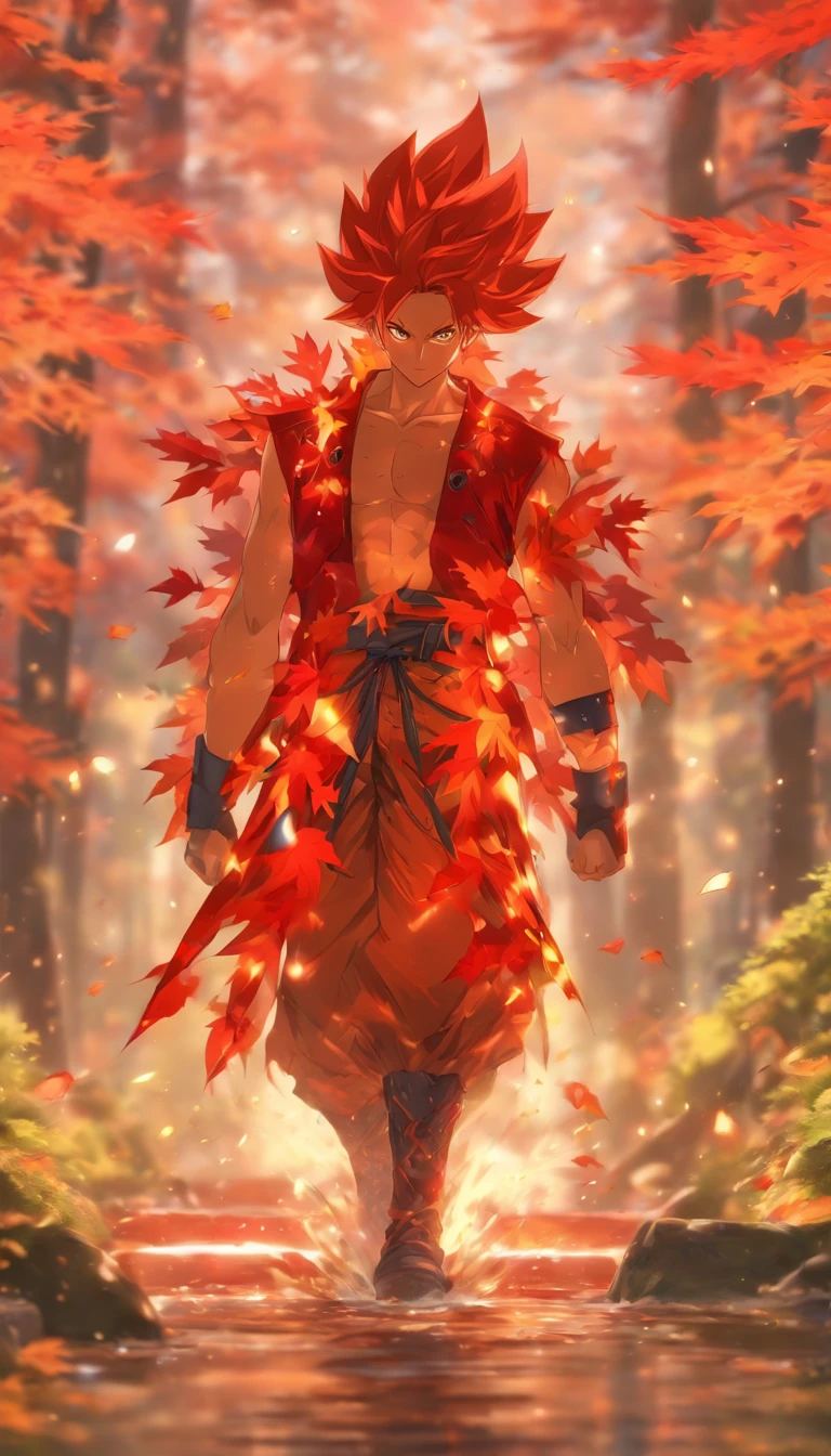 ((Masterpiece, Best quality)), Ultra detailed, offcial art, Unity 8k wallpaper, official outfit, Young handsome man, Solo, Perfect face, Shiny skin, Sparkling pupils, The hair pickaxe is dyed red, Daytime, The background is a fiery red maple forest, maple leaves, Riverside, wood bridges, Aesthetic, (The upper part of the body_Body)