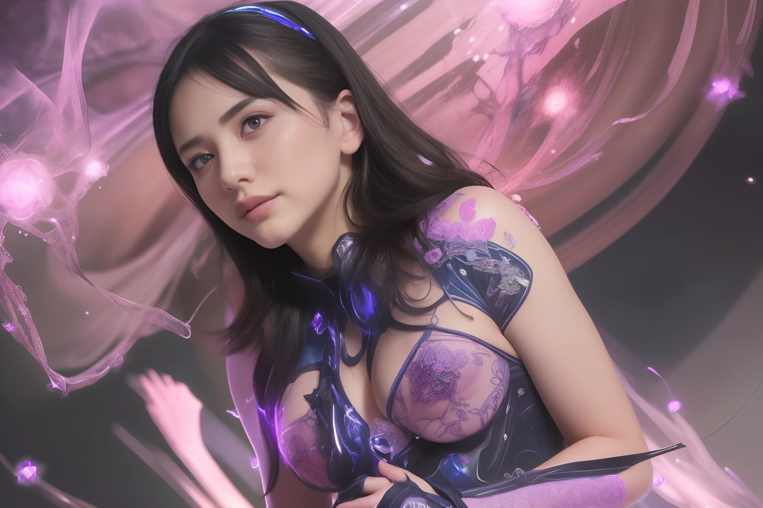 From Side, Photorealistic, Official art, Unity 8k wallpapr, 8K Portrait, Best Quality, Very high resolution, (Incredibly beautiful nature background:1.6), One girl, One beautiful teenage italian girl, sixteen years old, Obscene, (Sexy and glamorous:1.1), (A coquettish expression:1.6), (small breasts with raised pink areolas,,:1.6), Vulgarity, (seductively smiling:1.2), (full body1.0), (erotic posing:1.5), (Magic Attack Pose:1.6),(magical effects like sparkles or energy:1.5), (Electric shock from hands:1.1), (Detailed blue bodysuit with beautiful fractal or marble design:1.5), (Beautiful and d delicate ruby, topaz, emerald and sapphire jewelry:1.45),  Beautiful seductive face, Portrait, (Thick eyebrows:1.2), (Big purple eyes:1.2), Beautiful eyes with fine symmetry, (Ultra detailed eyes:1.4), (High resolution eyes:1.1), Intimate face, (ultra detailed skin texture:1.4), White skin, pale skin, Perfect Anatomy, Thin, (Beautiful toned body:1.1), Hair Bow, (Moist skin:1.1), full of sweat, No makeup, dark circles, Good anatomy, Focus Face, goodlooking, (Emilia Clark:0.6)  (Emma watson:0.3),(Jennifer Connelly:0.4), (sensual face:1.5), Elegant face, Nice, Dolce, Cyberpunk Sci-Fi, (Gauntlets with intricate and beautiful designs:1.2), Blurred background, Blurred foreground, depth of fields, (Motion Blur:1.1), Complex and colorful biomechanical bodysuit, Zentangle, mandalas, Entangled,  (Small breasts:1.2), Sheer breast, (Beautiful :1.2), (NSFW:1.2), large hips, drivel,  Juice stain, grabbing on breasts