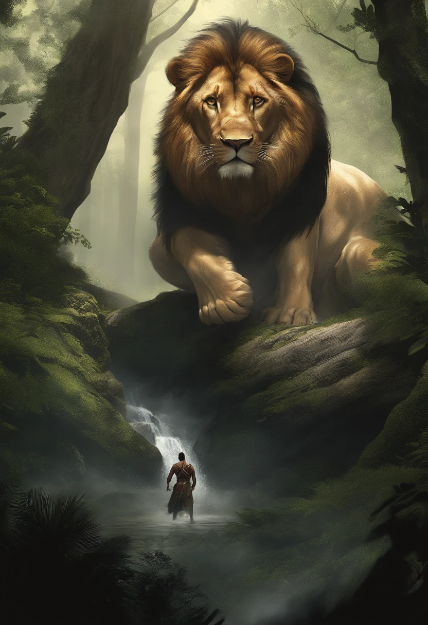 Lucas Bracey, Man hunting in the middle of the forest a ferocious lion , 8k, Foto RAW, (pele altamente detalhada: 1.2), (exposta: 1.1), (Costas expostas: 1.5), , (Vista de cima para baixo:1.5), ((::Jae Lee e Joe Madureira estilo ::2.0 comix illustration style,Estilo Tatoon ,, (fundo bonito e claro:1.2),, fantastic paintings , ::Jason Fabok e estilo Yoji Shinkawa ::2.0 comix illustration style,Estilo Tatoon , Comic book style , (fundo bonito e claro:1.2),, fantastic paintings ,Estilo grafite; master part, melhor qualidade, alta qualidade, extremamente detalhado CG unidade 8k papel de parede, scenecy, fotografia premiada, HDR, extremamente detalhado, trending on ArtStation, trending in cgsociety, intrincado, High detail, Arte por Midjourney Style::JKenneth Rocafort ESTILO ::2.9 (master part:1.2, melhor qualidade), (belos olhos finamente detalhados: 1.2),