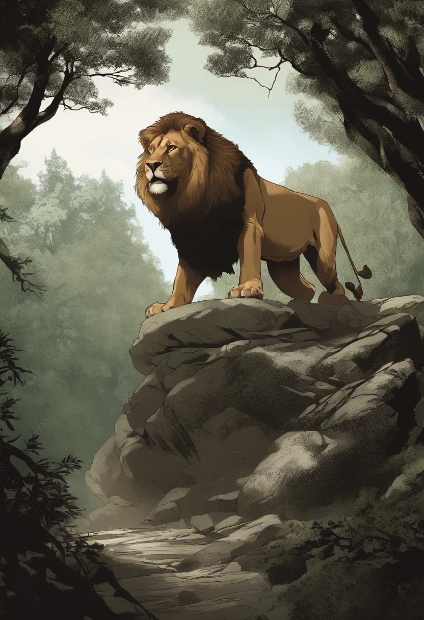 Lucas Bracey, Man hunting in the middle of the forest a ferocious lion , 8k, Foto RAW, (pele altamente detalhada: 1.2), (exposta: 1.1), (Costas expostas: 1.5), , (Vista de cima para baixo:1.5), ((::Jae Lee e Joe Madureira estilo ::2.0 comix illustration style,Estilo Tatoon ,, (fundo bonito e claro:1.2),, fantastic paintings , ::Jason Fabok e estilo Yoji Shinkawa ::2.0 comix illustration style,Estilo Tatoon , Comic book style , (fundo bonito e claro:1.2),, fantastic paintings ,Estilo grafite; master part, melhor qualidade, alta qualidade, extremamente detalhado CG unidade 8k papel de parede, scenecy, fotografia premiada, HDR, extremamente detalhado, trending on ArtStation, trending in cgsociety, intrincado, High detail, Arte por Midjourney Style::JKenneth Rocafort ESTILO ::2.9 (master part:1.2, melhor qualidade), (belos olhos finamente detalhados: 1.2),