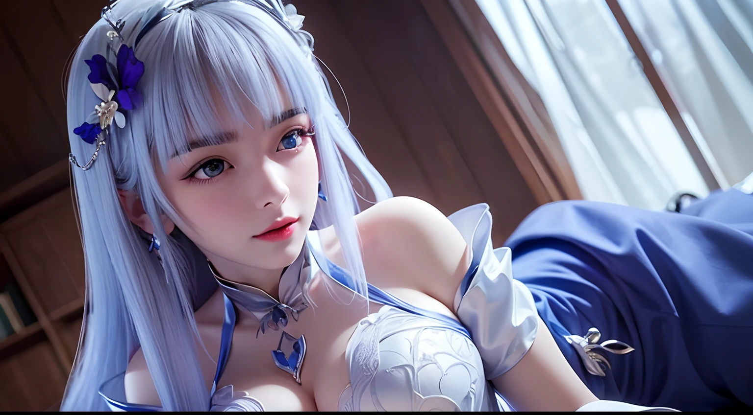 "1 beautiful girl wearing a traditional costume, a long thin light blue dress made of meticulously made silk, deep slit shirt, long hair and silver bangs with a hint of light blue, the most beautiful and detailed hair jewelry, beautiful little face thin eyebrows, the most beautiful and spotless face, ((black iris:0.8)), the very beautiful eyes, big round eyes, ((purple color eyes:1.1)), fine and detailed makeup eyelashes, high nose, wearing earrings, small red lips, rosy face, clean face, beautiful face without blemish, smooth white skin, ((big breasts: 0.9)), Blums boobs, ((big and super round breasts:0.9)), ((super tight breasts:1.2)), ((breast augmentation: 0.8)), beautiful breasts, slim and petite body, ((thin waist: 0.9)), full body of a beautiful girl, sexy girl, skirt, 8k photo, super high quality, super realistic, 10x super pixels, photo realistic, dark studio, border light, two tone light, (detailed skin high: 1.2), 8k uhd, dslr, soft light, high quality, volumetric light, candid, Photo, high resolution, light, best photo, 4k quality, 8k, Bokeh, Smooth and sharp, pixel up 10 times, (background space: 1.8), (galaxy: 1.7), aurora, lightning, super graphics, the most realistic graphics,(Aurora Background: 1.8), alone, solo, portrait 16:9, Extremely sharp, super realistic images."
