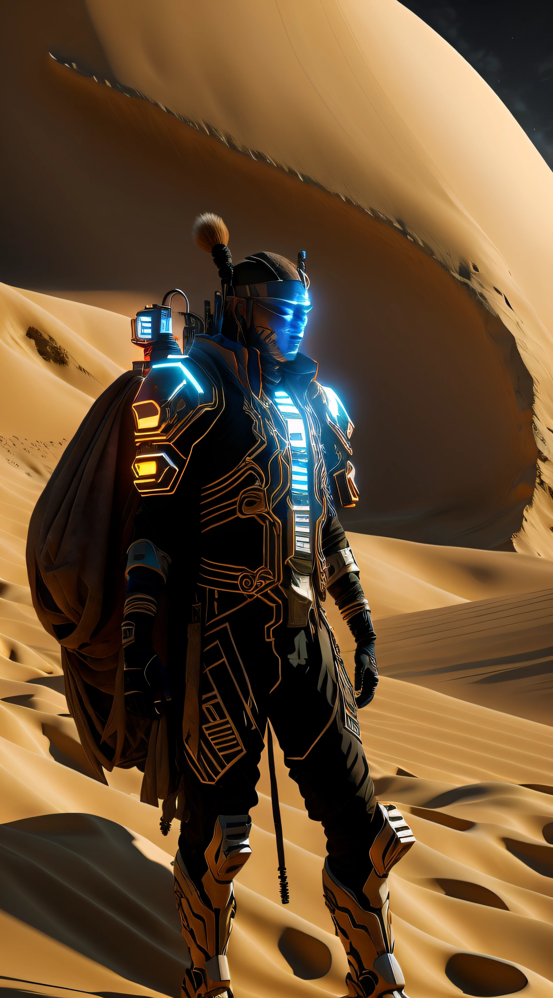 high quality photo of a mistic shaman cyberpunk in a Dune's scene,  ultrarealism, hdri, epic, cinematic lighting, 8k, professional photography , insanely detailed,