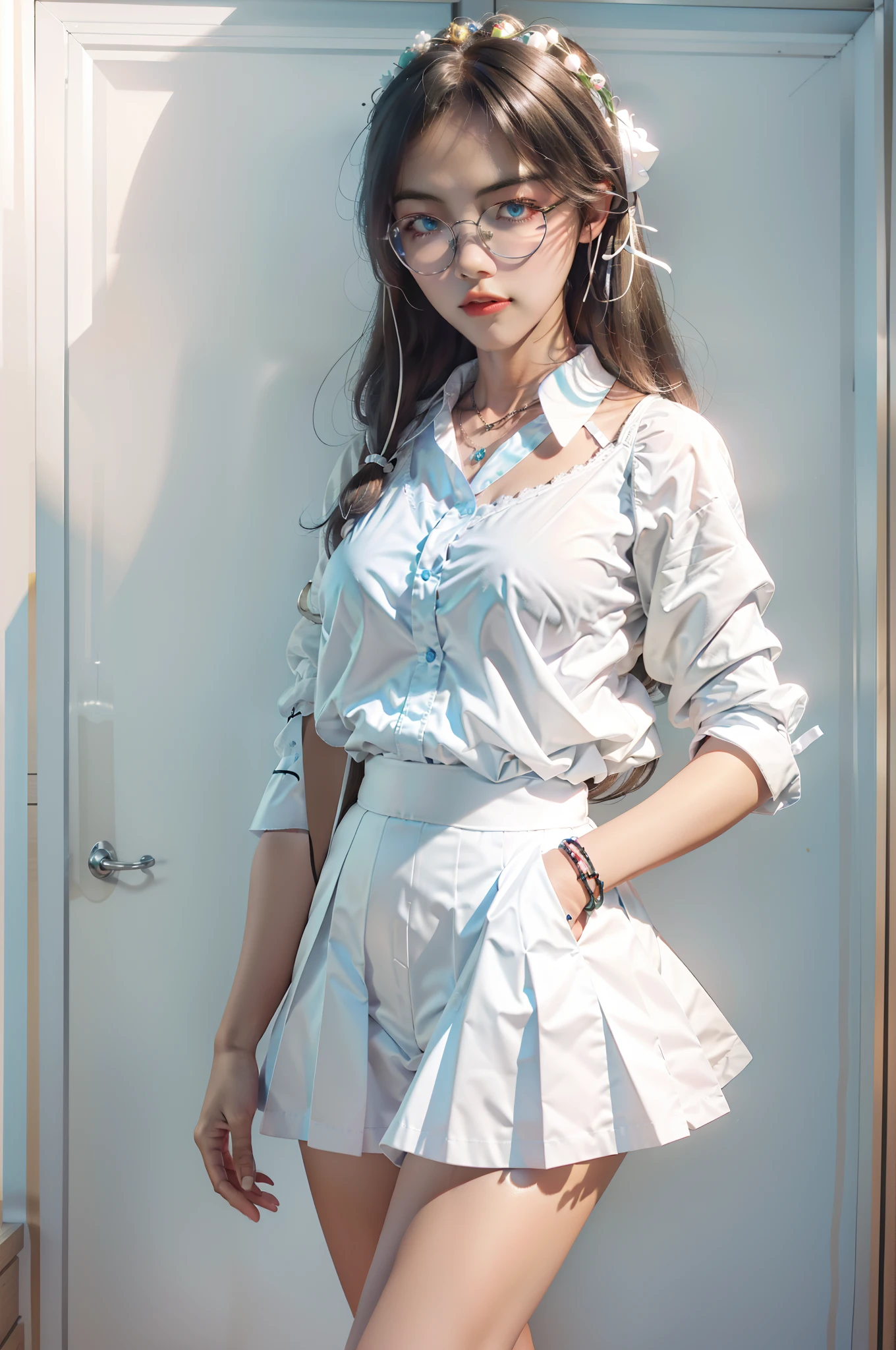 High quality, 4K, in frame, Close-up portrait of brunette woman in white shirt and light blue skirt, photorealistic anime girl rendering, cute 3d anime girl render, April renderings, anime vtuber full body model, full-body xianxia, live2d virtual youtuber model, Smooth anime CG art, Realistic portrait full body realistic anime 3D style, photorealistic full body