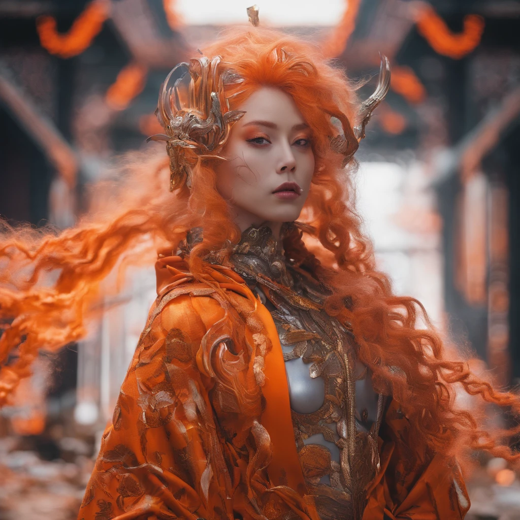 Lunar soil 32K(tmasterpiece,k hd,hyper HD,32K)Short flowing bright orange hair,Snow in winter,zydink, a color, Ancient Ascension (Female devil), (Blood-colored scarf), Combat posture, looking at the ground, Short bright orange hair, Floating bright purple, Flame pattern gold tiara, Chinese long-sleeved gold silk garment, (Abstract snowflakes flying:1.2), white backgrounid,Lotus protector(realisticlying:1.4),Bright orange hair,Smoke on the road,The background is pure, A high resolution, the detail, RAW photogr, Sharp Re, Nikon D850 Film Stock Photo by Jefferies Lee 4 Kodak Portra 400 Camera F1.6 shots, Rich colors, ultra-realistic vivid textures, Dramatic lighting, Unreal Engine Art Station Trend, cinestir 800,Short flowing bright orange hair
