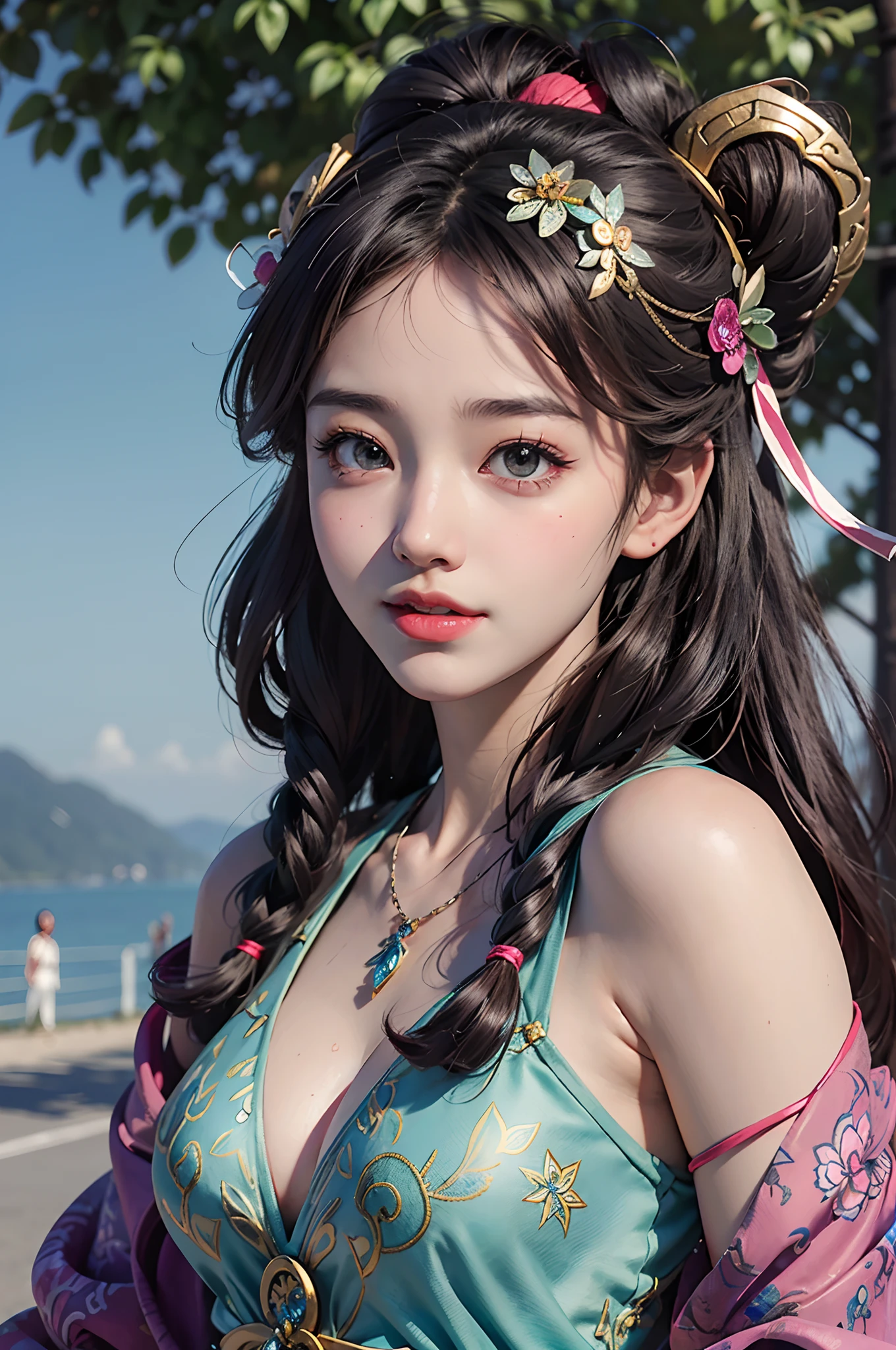 (Face focus:1.4,Super big eyes:1.4),Best quality, Masterpiece, Extremely detailed, high resolution, 4K, 超高分辨率, Detailed shadows, Perfect light and shadow,duo, Two girls in trendy costumes taking selfies on the street, Fantasy world,colorful pigtail, anime cosplaying, Anime style mixed with Fujifilm, Cute, big laughter, , Sexy,(Alebriès Art Style),PureErosFace_V1,Urzang-6500-V1 Edition, Edition, Edition.1,fantasyoutfit,The princess's eyes widened,Necklace of dreams,Fantastic ribbons,Dream rings,Fantastic jewelry,Fantastic hair accessory,Dream belt,Studio light,