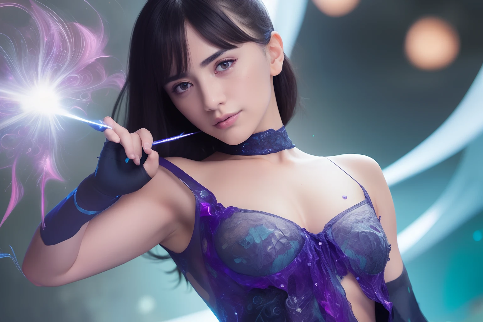 "((highest quality,16k,High resolution,masterpiece:1.6)),ultra-detailed,(Realistic,photoRealistic,photo-Realistic:1.6),20-year-old,short hair obscene, (Sexy and attractive:1.1), (Rude expressions:1.6), (Small breasts with raised pink areolas,:1.6), rude, (Captivating smile:1.2), (Whole body 1.0), (Erotic gestures:1.5), (Magic Attack:1.6),(Magical effects such as glow and energy:1.5), (Electric shock from the hand:1.1), (beautifulフラクタルや大理石のデザインが施された、A detailed blue micro bikini..:1.5), (beautiful and delicate pomegranate, Topaz, Emerald and Sapphire Jewelry:1.45),  beautiful sensual face, Portraiture, (Thick eyebrows:1.2), (Big purple eyes..:1.2), beautiful eyes with delicate symmetry.., (Very fine eye:1.4), (High resolution eyes:1.1), Intimate Face, (Highly detailed skin texture:1.4), White skin, 青White skin, Perfect Anatomy, thin, (beautiful toned body:1.1),  (Moisturized Skin:1.1), Sweaty, No makeup, Bear, Excellent anatomy, Face Focus, Good Coin, (Emilia Clarke:0.6)  (Emma Watson:0.3),(Jennifer Connelly:0.4), (Facial hypertrophy:1.5), Elegant face, I hope it goes well, sweet, Sci-fi Cyberpunk, (緻密でbeautifulデザインの手袋..:1.2), Gray blurry background, Blurred foreground, The depth of the written world, (Motion Blur:1.1), Complex and colorful biomechanical bodysuit,  (Small breasts:1.2), Translucent chest, (beautiful :1.2), (NSTDA.:1.2), Big Hips, prattle,  Juice stains, Bust Grip