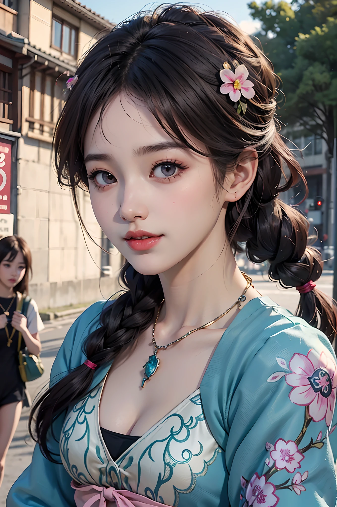 (Face focus:1.4,Super big eyes:1.4),Best quality, Masterpiece, Extremely detailed, high resolution, 4K, 超高分辨率, Detailed shadows, Perfect light and shadow,duo, Two girls in trendy costumes taking selfies on the street, Fantasy world,colorful pigtail, anime cosplaying, Anime style mixed with Fujifilm, Cute, big laughter, , Sexy,(Alebriès Art Style),PureErosFace_V1,Urzang-6500-V1 Edition, Edition, Edition.1,fantasyoutfit,The princess's eyes widened,Necklace of dreams,Fantastic ribbons,Dream rings,Fantastic jewelry,Fantastic hair accessory,Dream belt,Studio light,