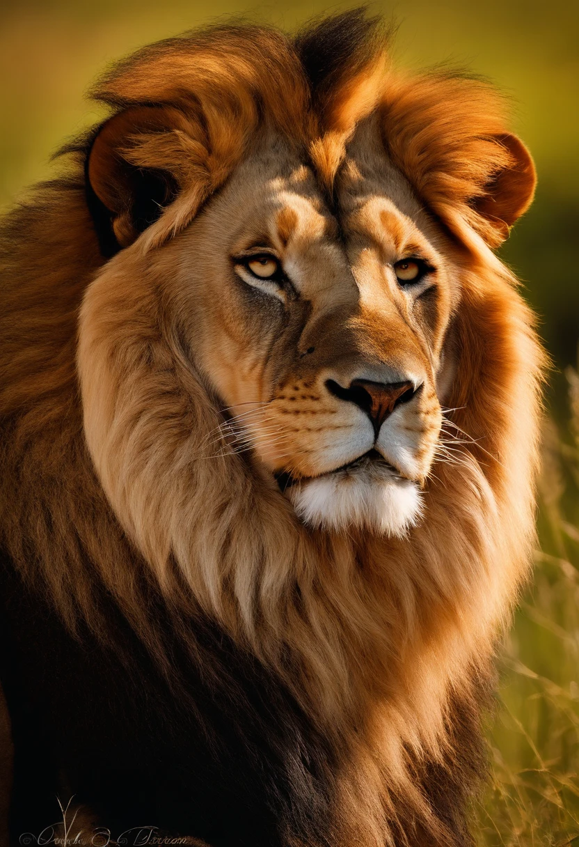 Describe a vibrant image of a lion's head in 3D, where the colors are rich and captivating. The lion's head should look majestic and imposing, with a lush, undulating mane that extends around the head. As cores da juba devem ser uma mistura de tons de laranja, dourado e marrom, criando um contraste fascinante com o fundo. O fundo deve ser uma paisagem que evoca a savana africana, com tons de verde, yellow and blue sky at sunset, creating a stunning backdrop. The image should capture the strength and beauty of the lion as he watches with piercing eyes. Shadows and details should give depth to the image, making it ideal for a 3D puzzle. The lion's head should be the focal point, and the image should convey a sense of majesty and serenity