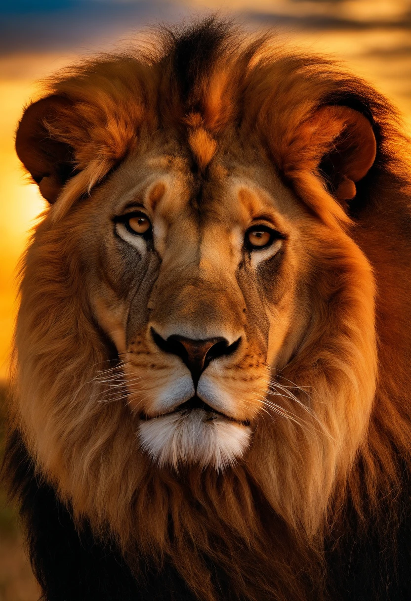 Describe a vibrant image of a lion's head in 3D, where the colors are rich and captivating. The lion's head should look majestic and imposing, with a lush, undulating mane that extends around the head. As cores da juba devem ser uma mistura de tons de laranja, dourado e marrom, criando um contraste fascinante com o fundo. O fundo deve ser uma paisagem que evoca a savana africana, com tons de verde, yellow and blue sky at sunset, creating a stunning backdrop. The image should capture the strength and beauty of the lion as he watches with piercing eyes. Shadows and details should give depth to the image, making it ideal for a 3D puzzle. The lion's head should be the focal point, and the image should convey a sense of majesty and serenity