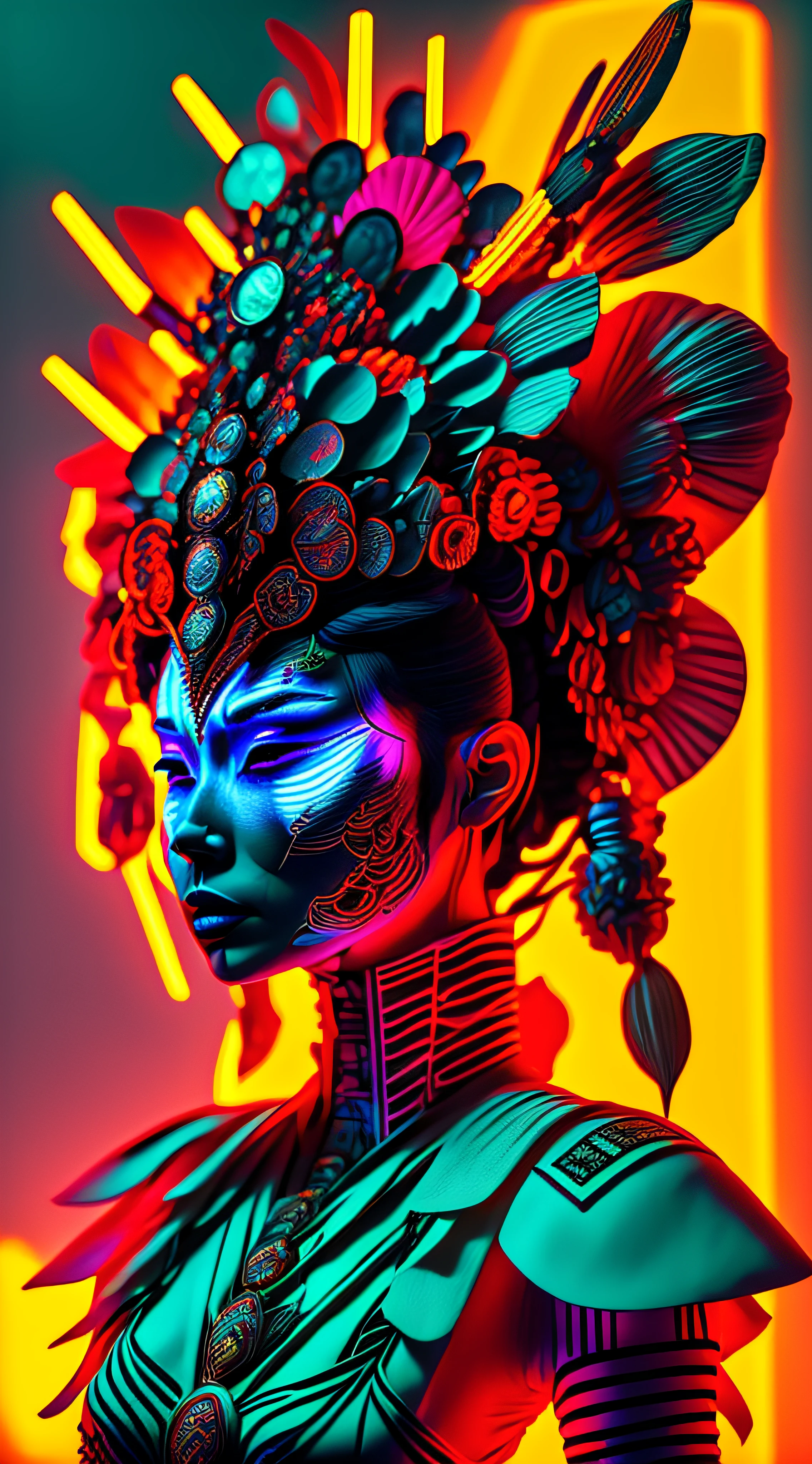 a woman with a neon makeup and headdress , transgressive art,  sharp focus, 8 k, octane render ,  saturated colors, pastel colors