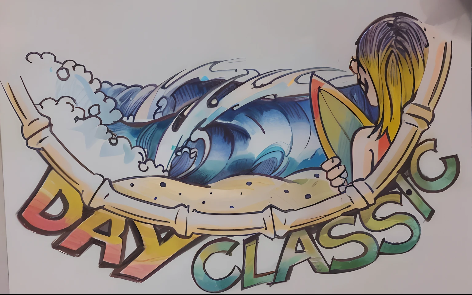 vetor um close up de um desenho de uma mulher em uma prancha de surfe, desenho colorido, desenho colorido, full-colour illustration, Directed by: Tony Sart, Directed by: Jay Hambidge, arte aerada, high quality colored sketch, colorized pencil sketch, air brush illustration, desenho colorido, colorful illustration for tattoo, arte tradicional, colored pencil, Directed by: Roy Dalgarno, arte aerada suave