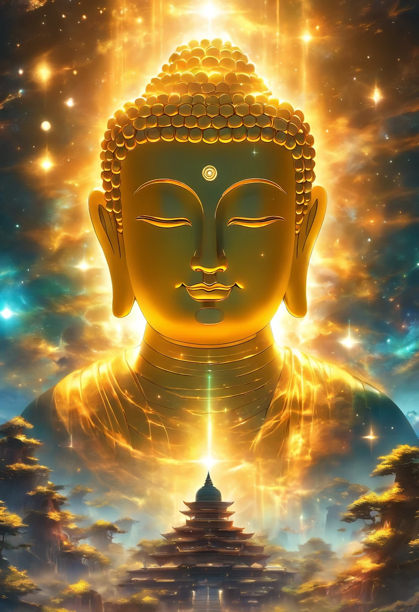 Huge transparent Buddha head looking at an earthy yellow planet in the universe,Glow effects,OC rendering