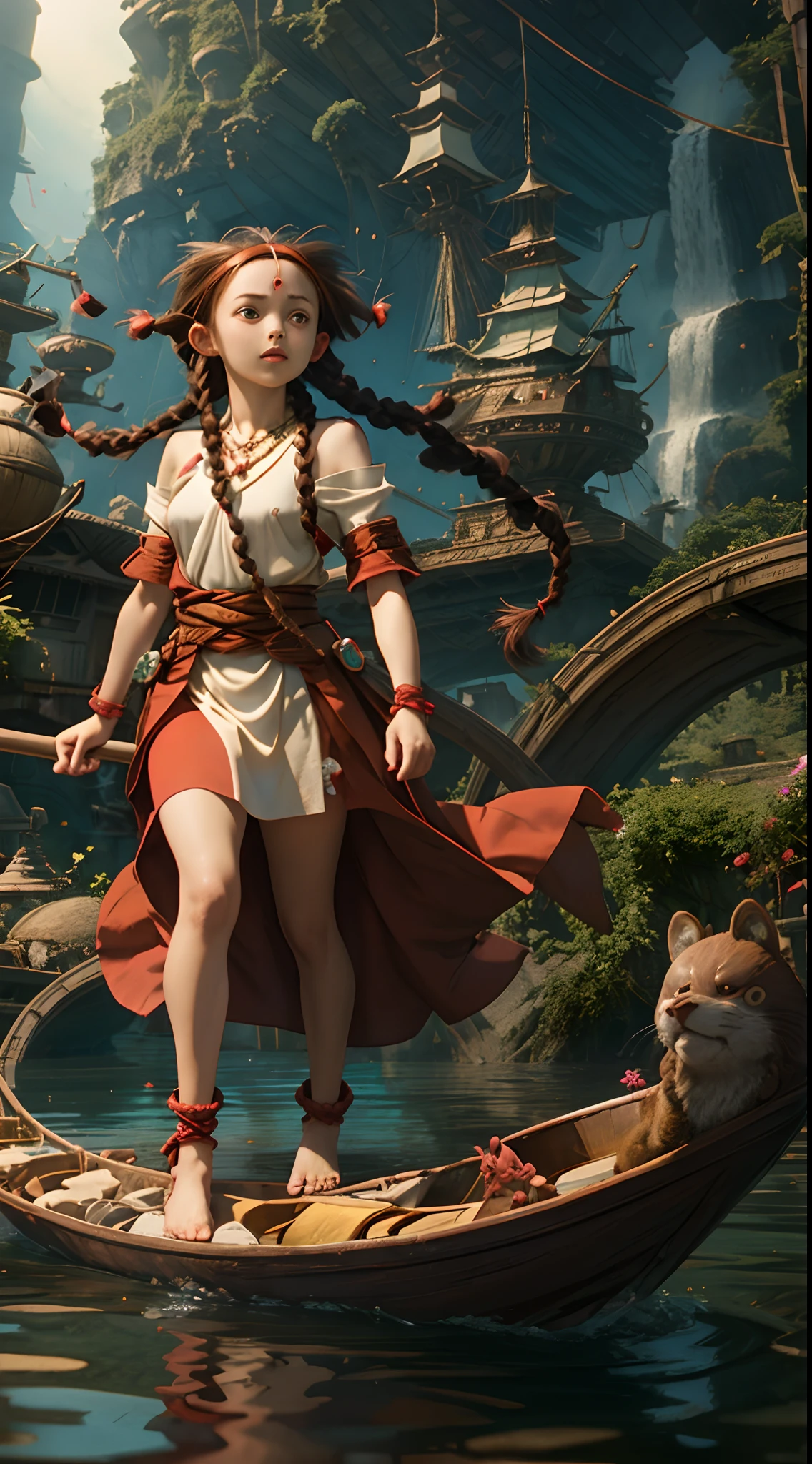 ghibli style, sheeta, 1girl, standing, red hairband, (brown hair:1.3), (twin braids:1.3), necklace, floating island, laputa
