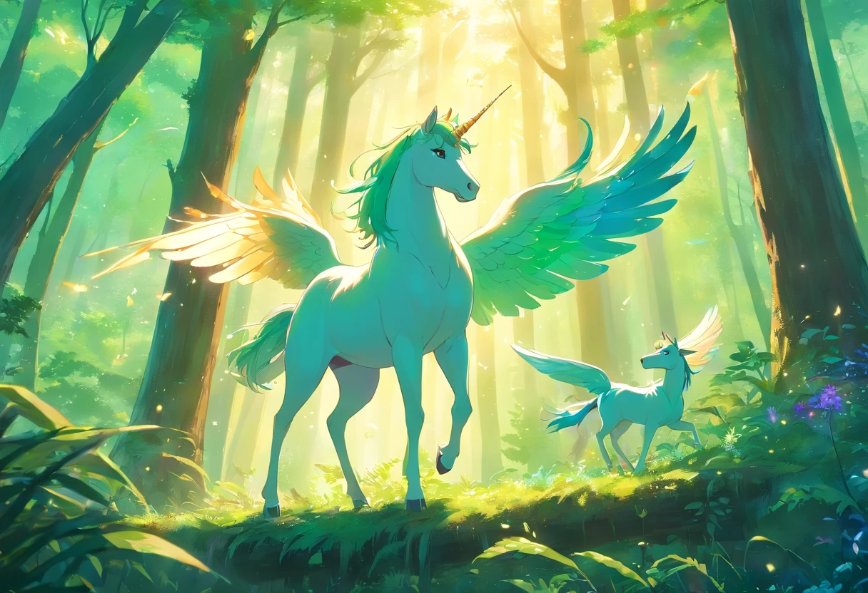 an enchanting illustration of a magical forest scene. In the foreground, depict Zoé, the winged unicorn, with her shimmering wings outstretched as she hovers gracefully in the air. Beside her, Galopin, the swift horse, should be shown sprinting with incredible speed, his hooves barely touching the ground. Nearby, Leo, the melodious bird with iridescent feathers, should be perched on a branch, singing a sweet and inviting tune. The forest should be lush with vibrant, otherworldly flora, and beams of soft, golden sunlight should filter through the emerald canopy. This image should capture the moment of unity and friendship between these three unique creatures in the heart of their enchanted forest