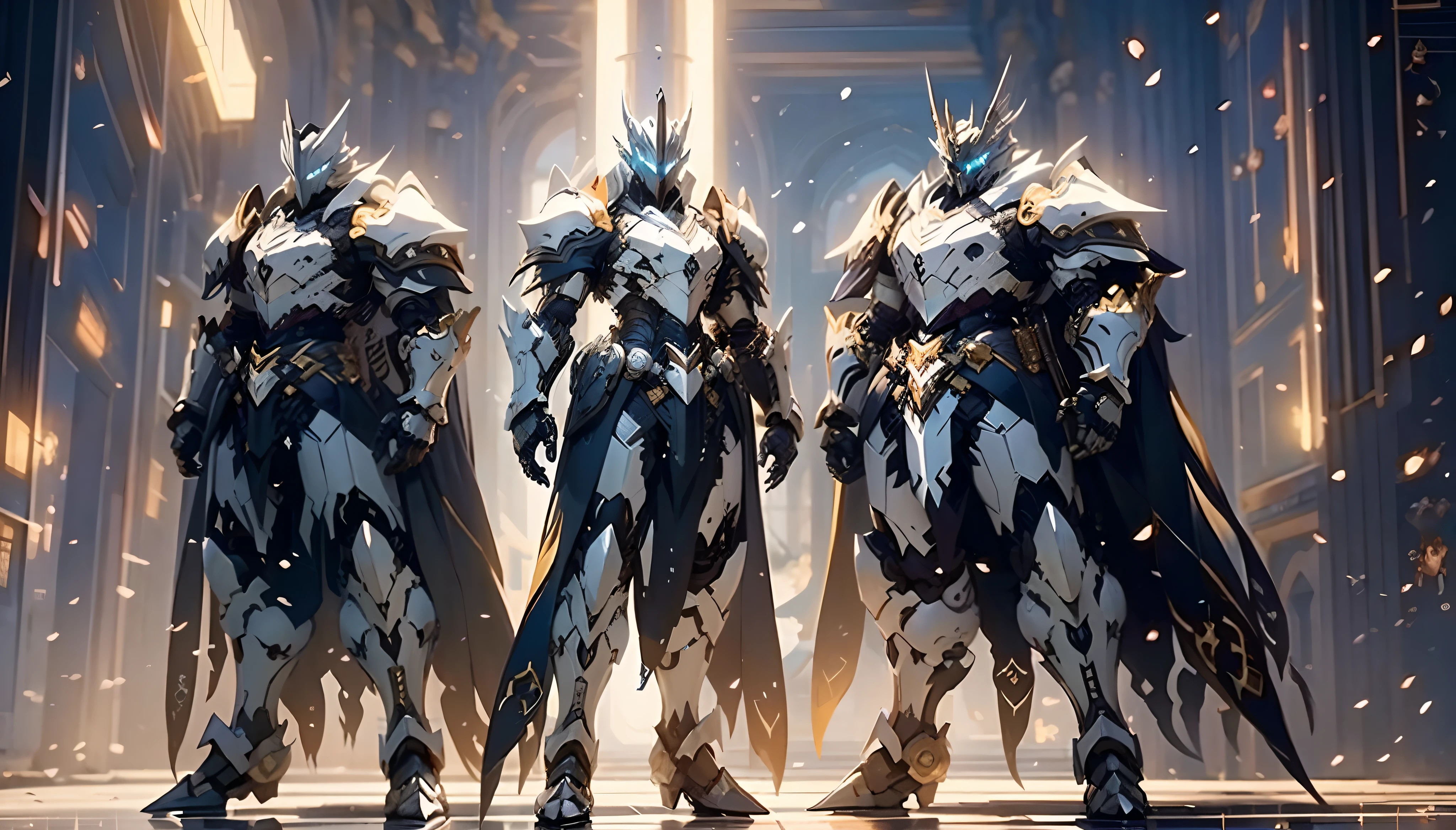 anime character with sword standing in front of a building, fallen knight, from arknights, gothic knight, evil knight, the style of wlop, fantasy knight, knight, royal emperor, dark souls knight, off-white plated armor, wearing heavy armor with cape, black heavy armor with gold trim, smooth anime cg art, artorias, glowing sword