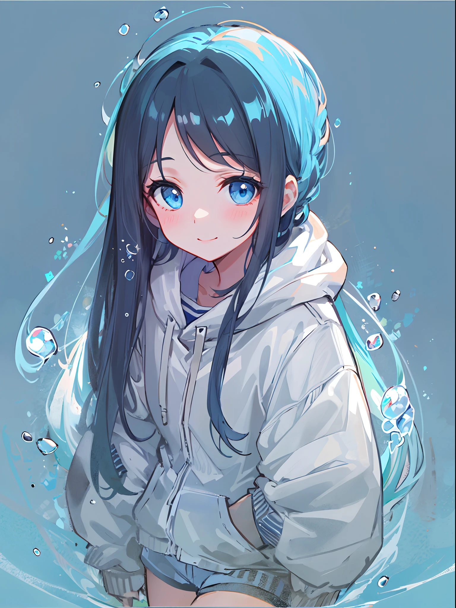 ((top quality)), ((masterpiece)), ((super detail)), (very delicate and beautiful), girl, solo, cold demeanor, ((black jacket)), she looks very (relaxed) and (calm), black hair, depth of field, evil smile, stirrups, underwater, air bubble, light blue eyes, light blue hair and dark blue tips inner color with, cold background, bobbed hair - linear art, shorts, knee high socks, oversized white hoodie, light blue ribbon tie, clothing transparent, hands in pockets