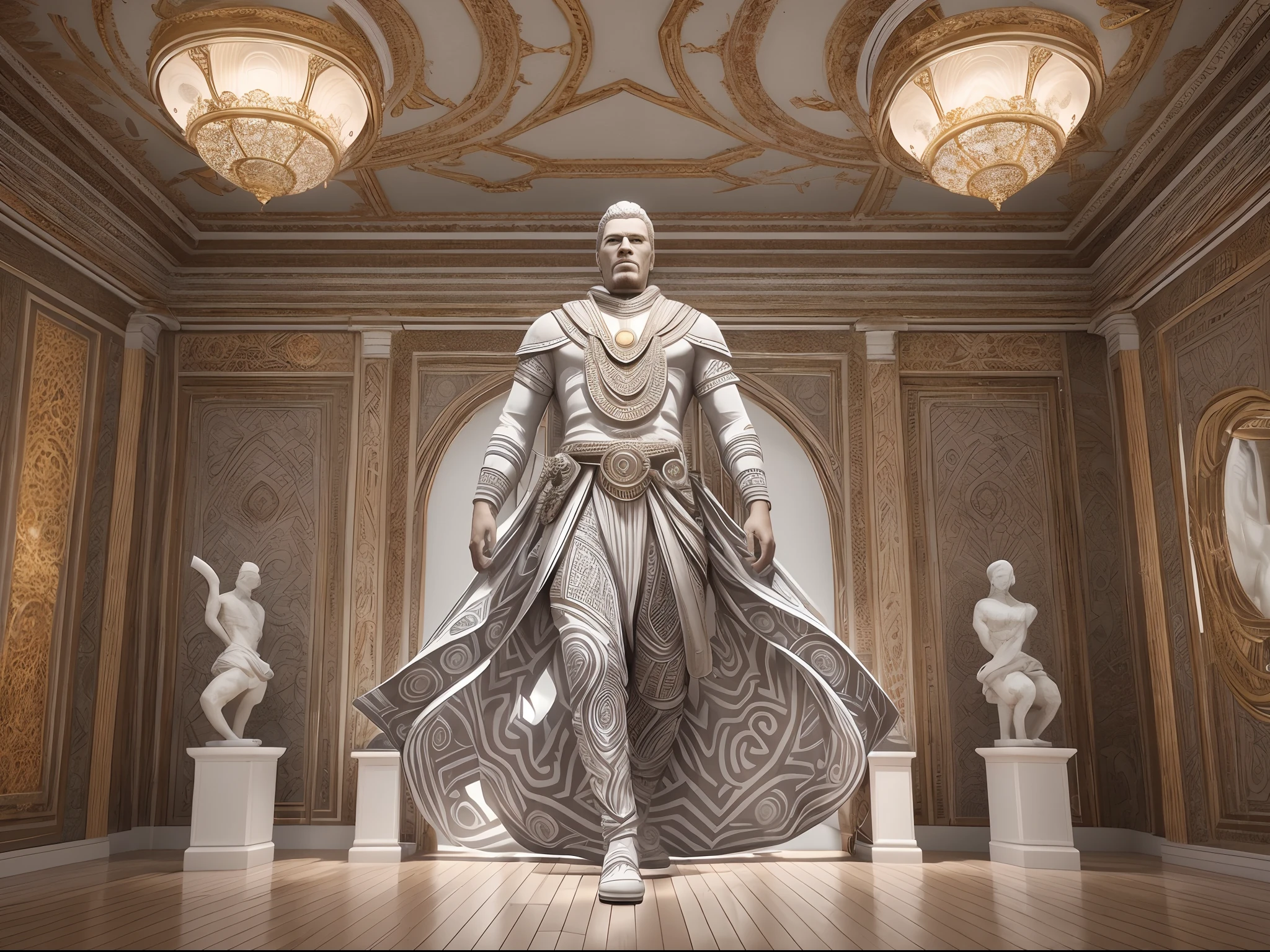 a white coloured giant African man head sculpture with african designs on it, in a white coloured African designed room full of white coloured, African sculptures and instruments, all white coloured in scene, cgsociety 9, sci-fi, with iridescent light, 32k, ultra HD, unreal engine rendered, cinematic lighting, bright and vibrant colours, photorealistic image, --auto --s2