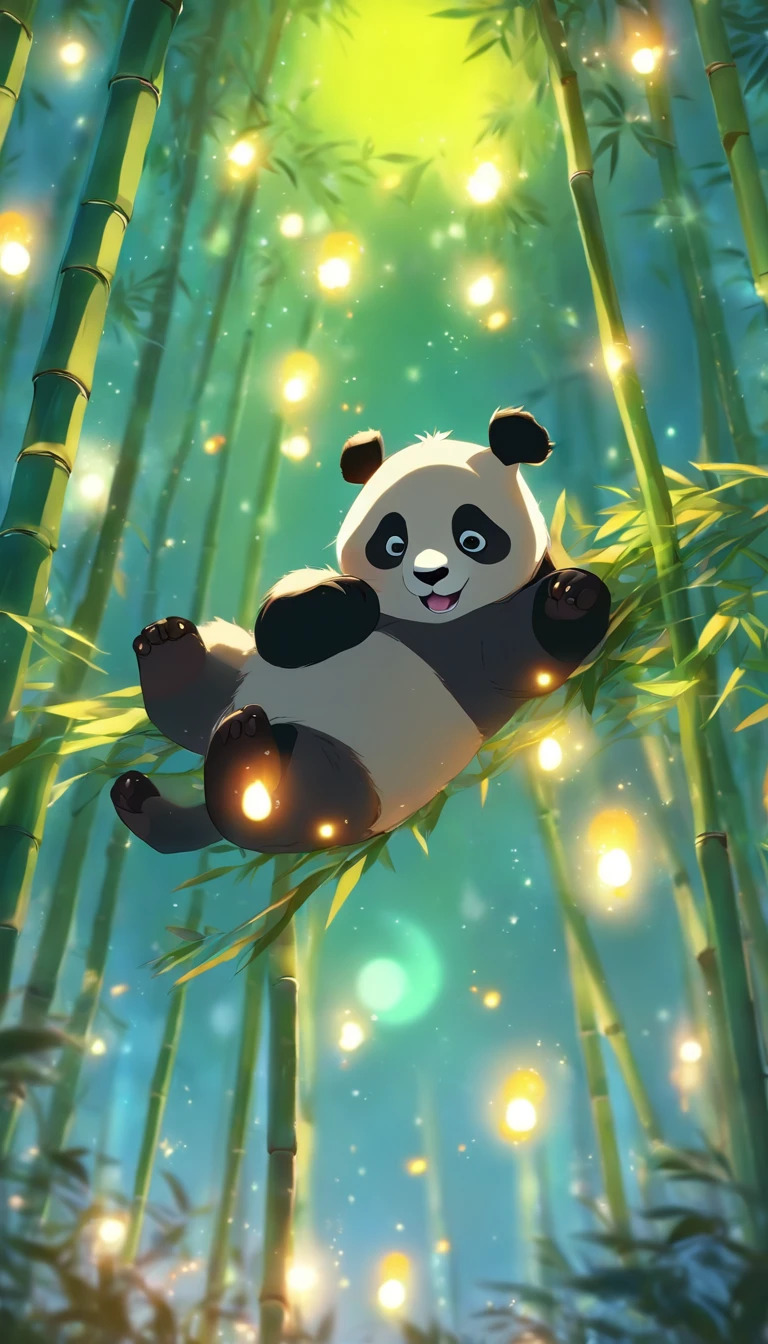 Silent night, Quiet bamboo forest, Bamboo leaves fall in the wind,Cute and cute giant panda,Fatty, Full moon in the sky, fireflies flying